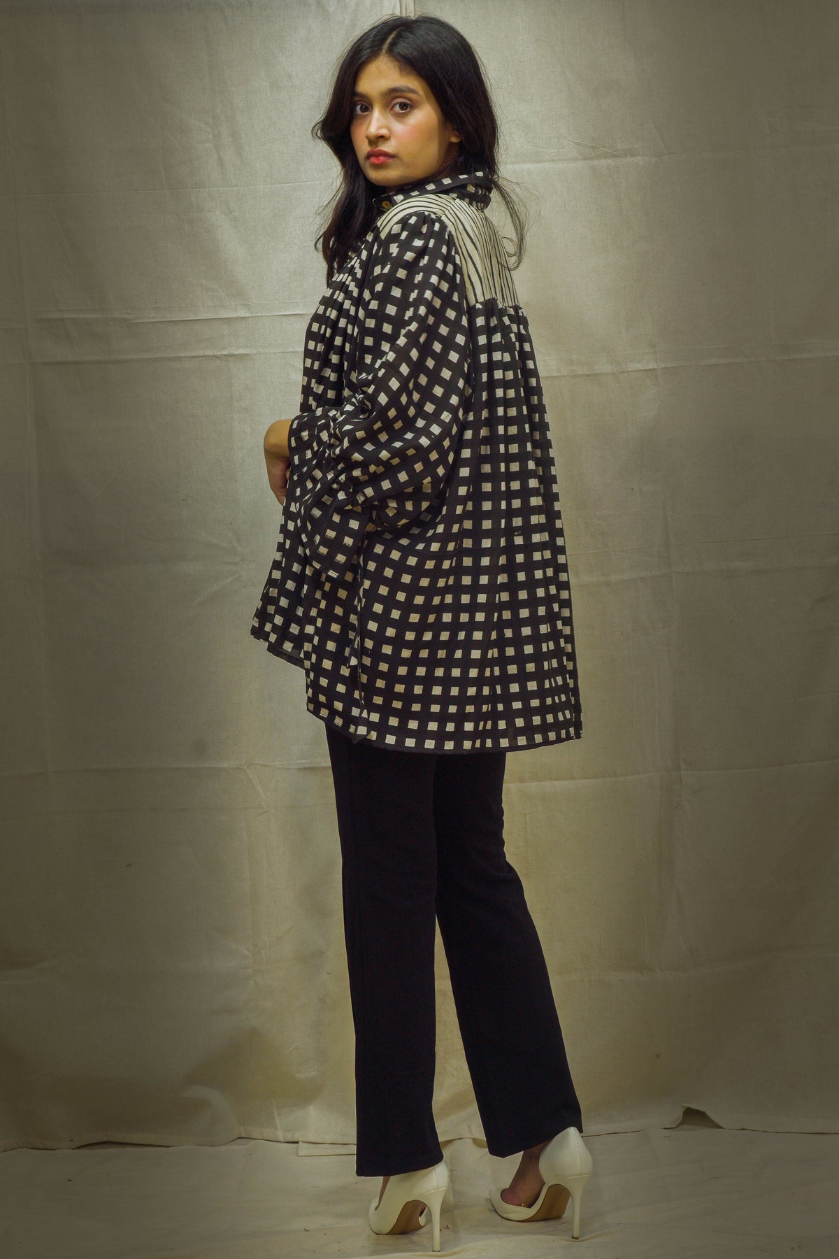 Ainaz Black Chex Short Top in Modal