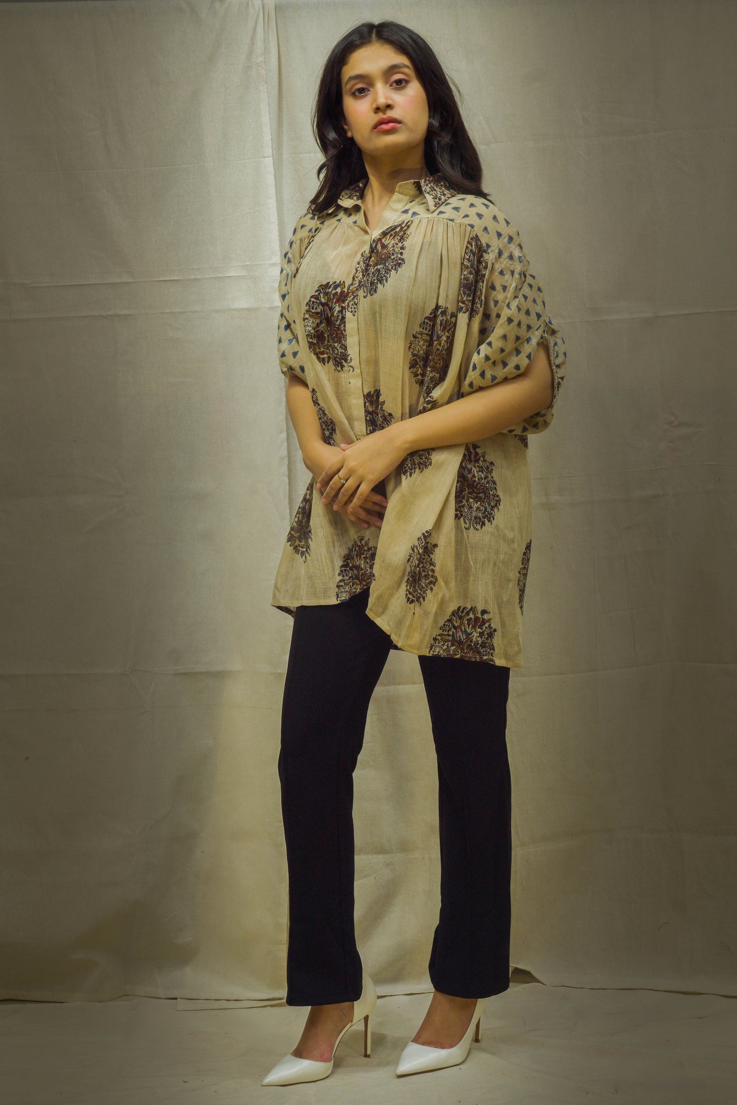 Ainaz Puff Sleeves Cream Block Printed Short Top in Linen