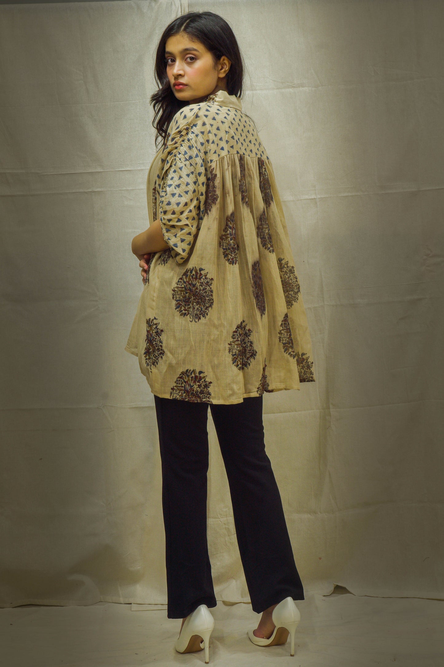Ainaz Puff Sleeves Cream Block Printed Short Top in Linen