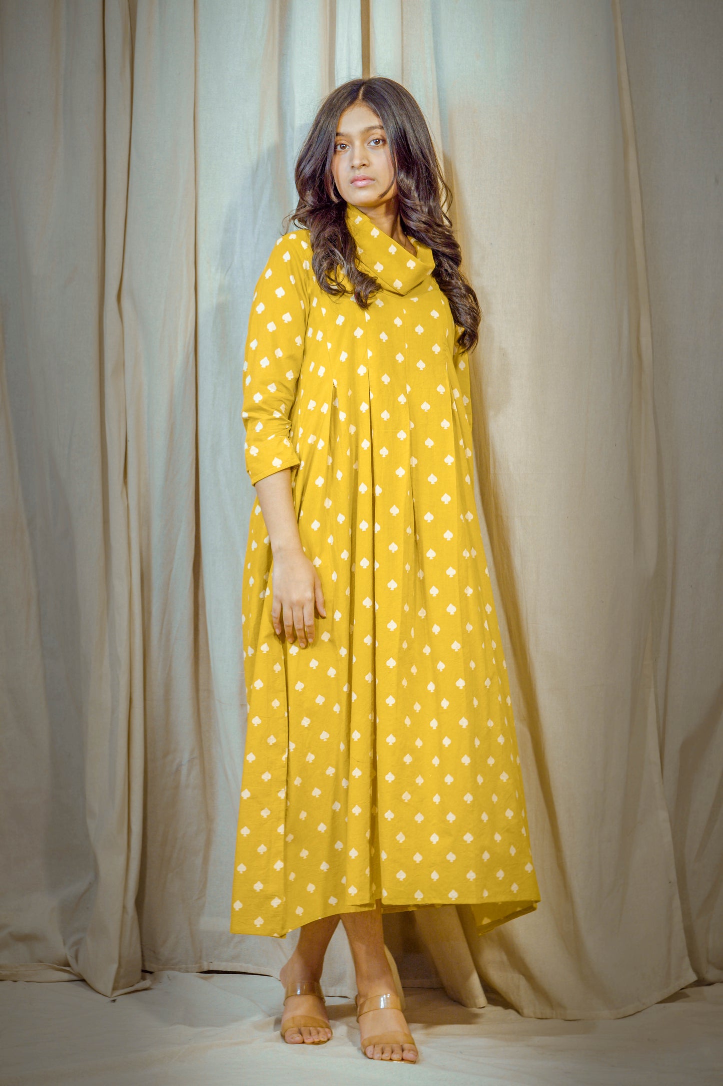 Laalya Noor – Lemon Yellow Cotton Polo Tunic with White Dots
