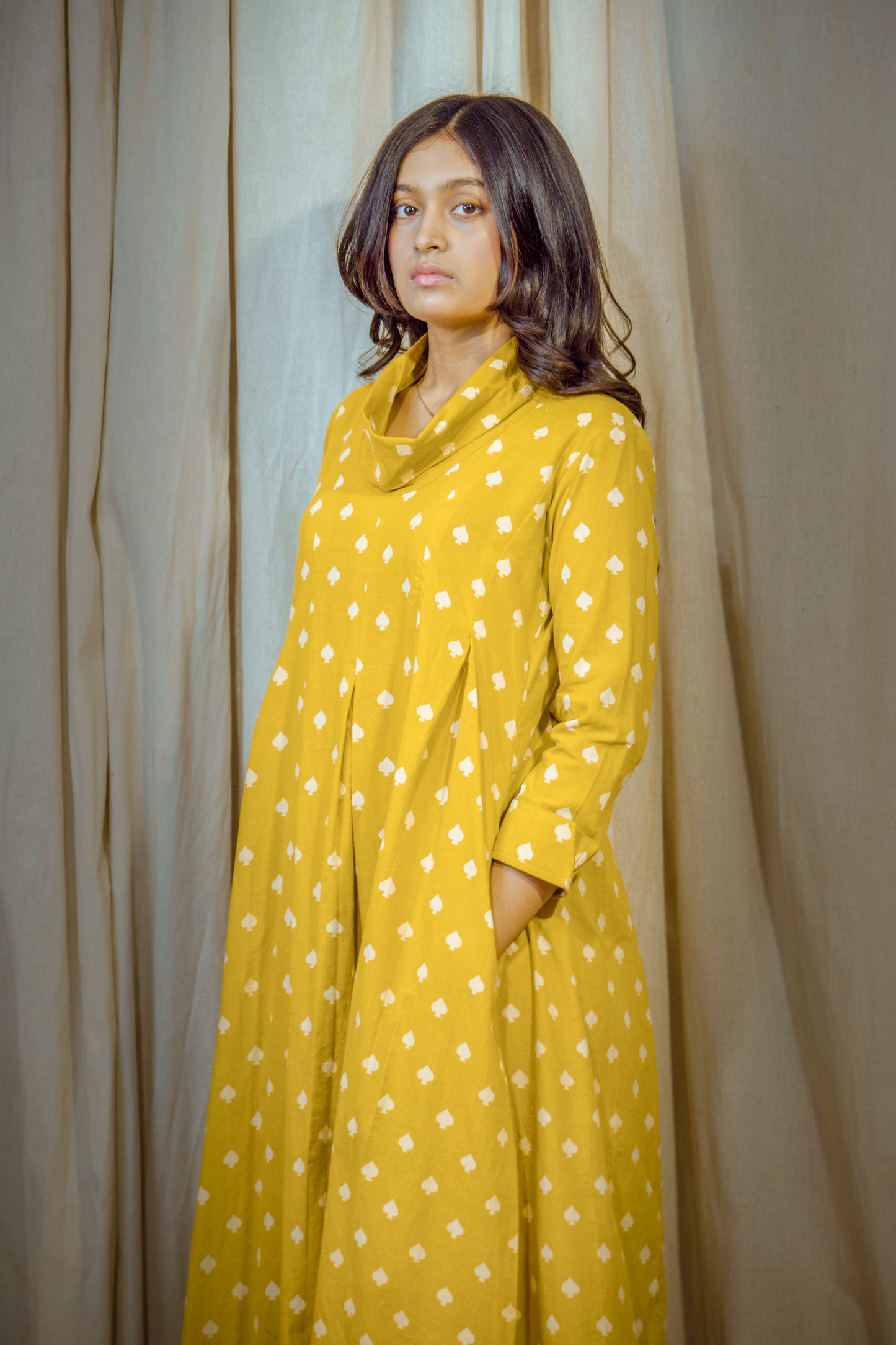 Laalya Noor – Lemon Yellow Cotton Polo Tunic with White Dots