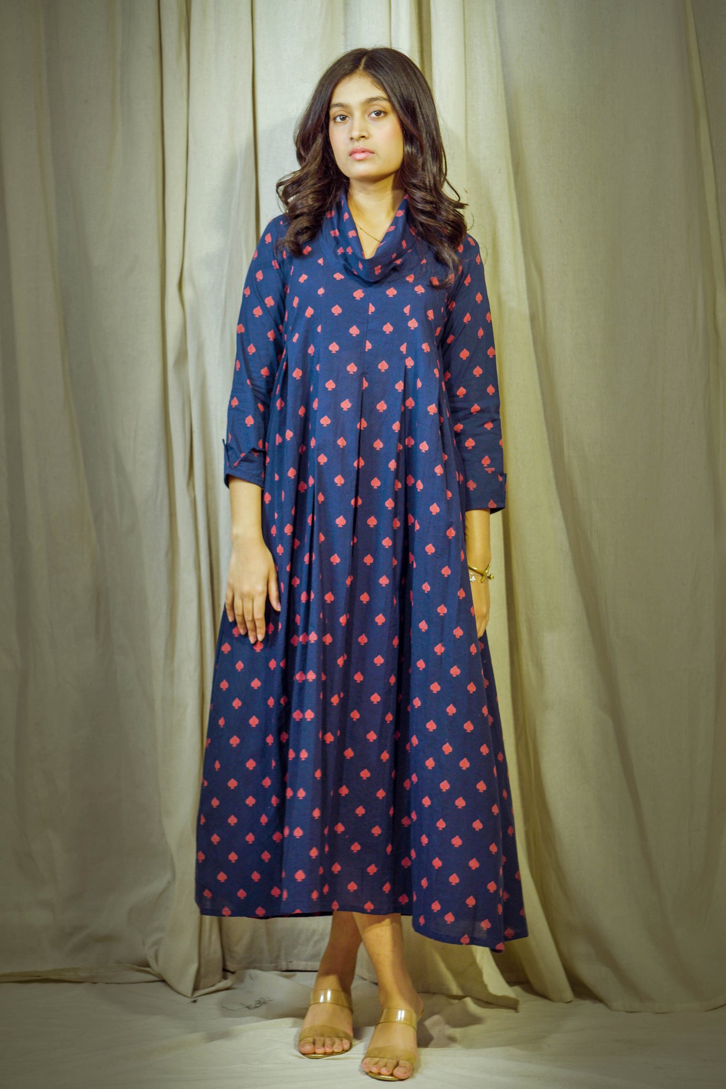 Laalya Vrishti – Navy Cotton Polo Tunic with Red Box Print