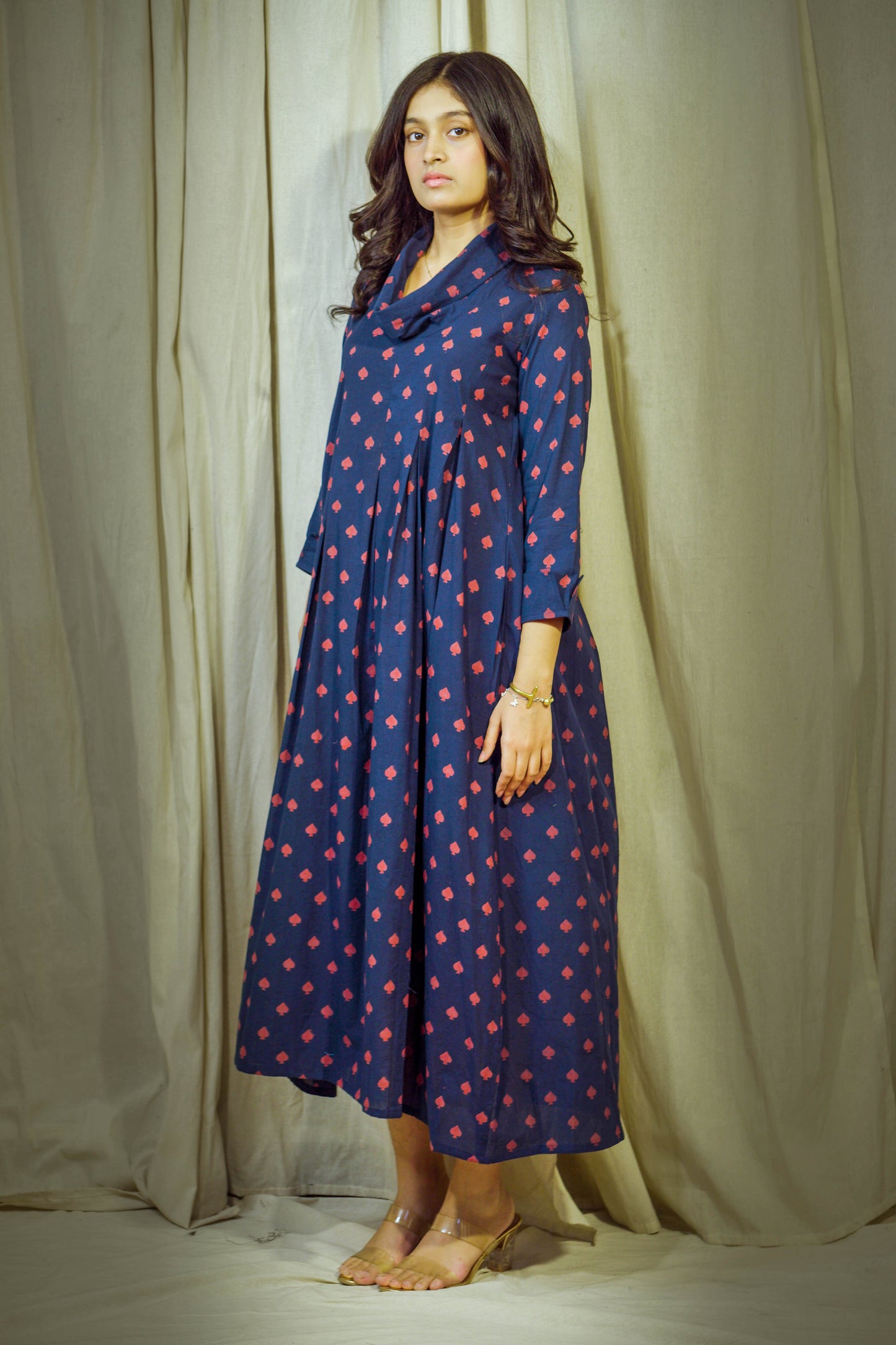 Laalya Vrishti – Navy Cotton Polo Tunic with Red Box Print