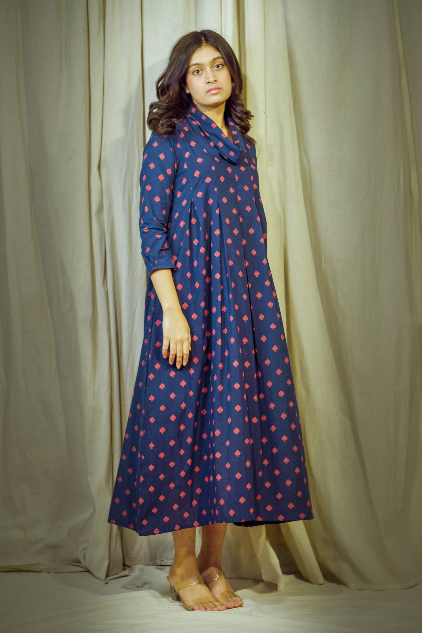 Laalya Vrishti – Navy Cotton Polo Tunic with Red Box Print