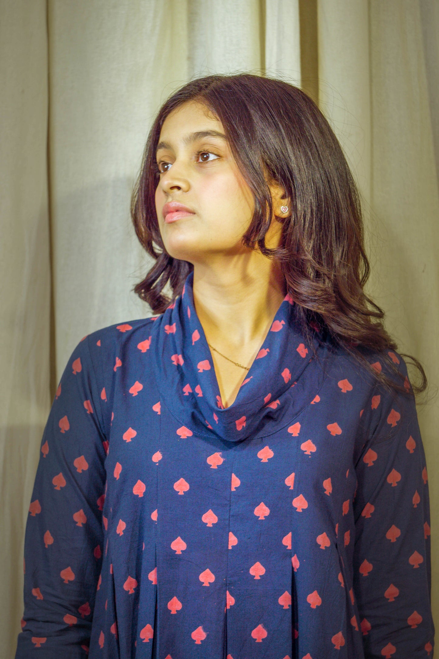Laalya Vrishti – Navy Cotton Polo Tunic with Red Box Print