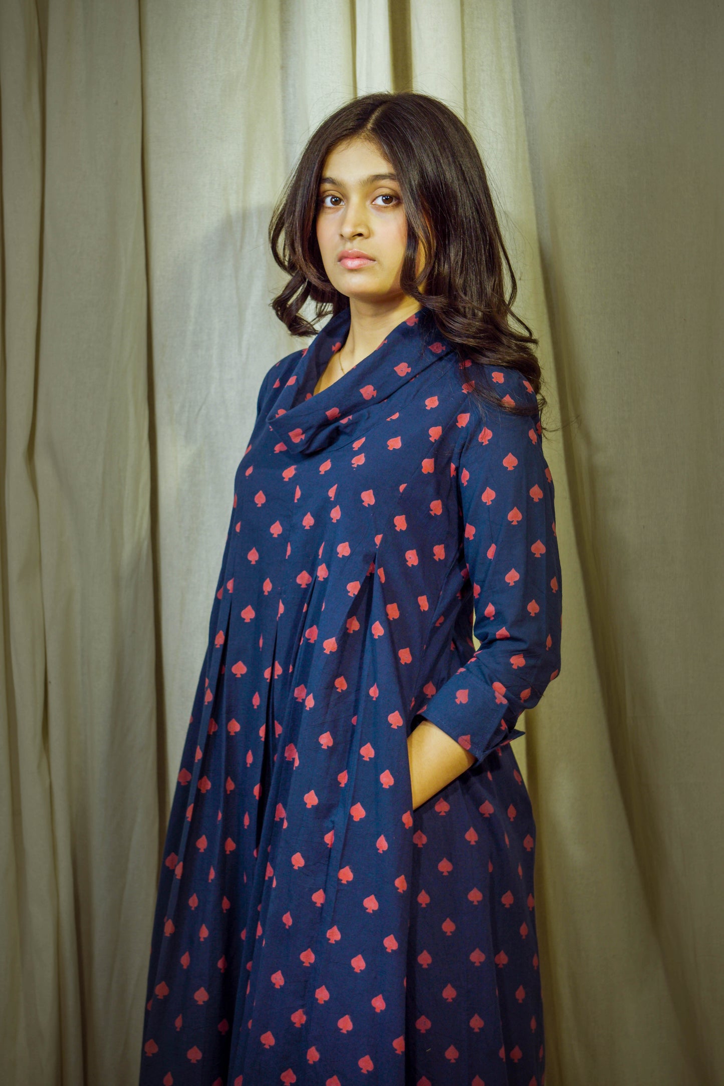 Laalya Vrishti – Navy Cotton Polo Tunic with Red Box Print