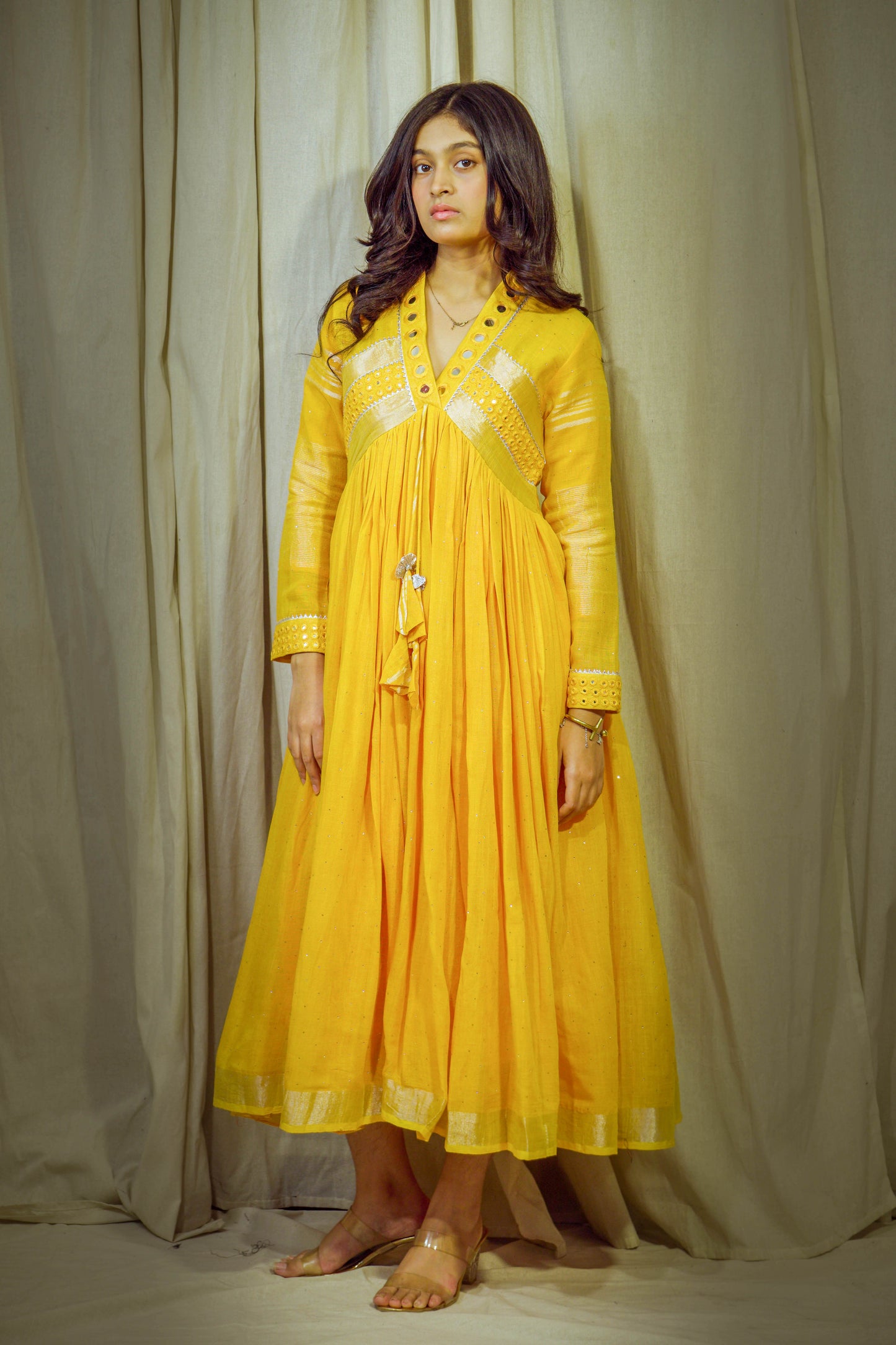 Saanjh – Yellowish Orange Pure Linen Flared Dress with Mirror & Mukesh Work