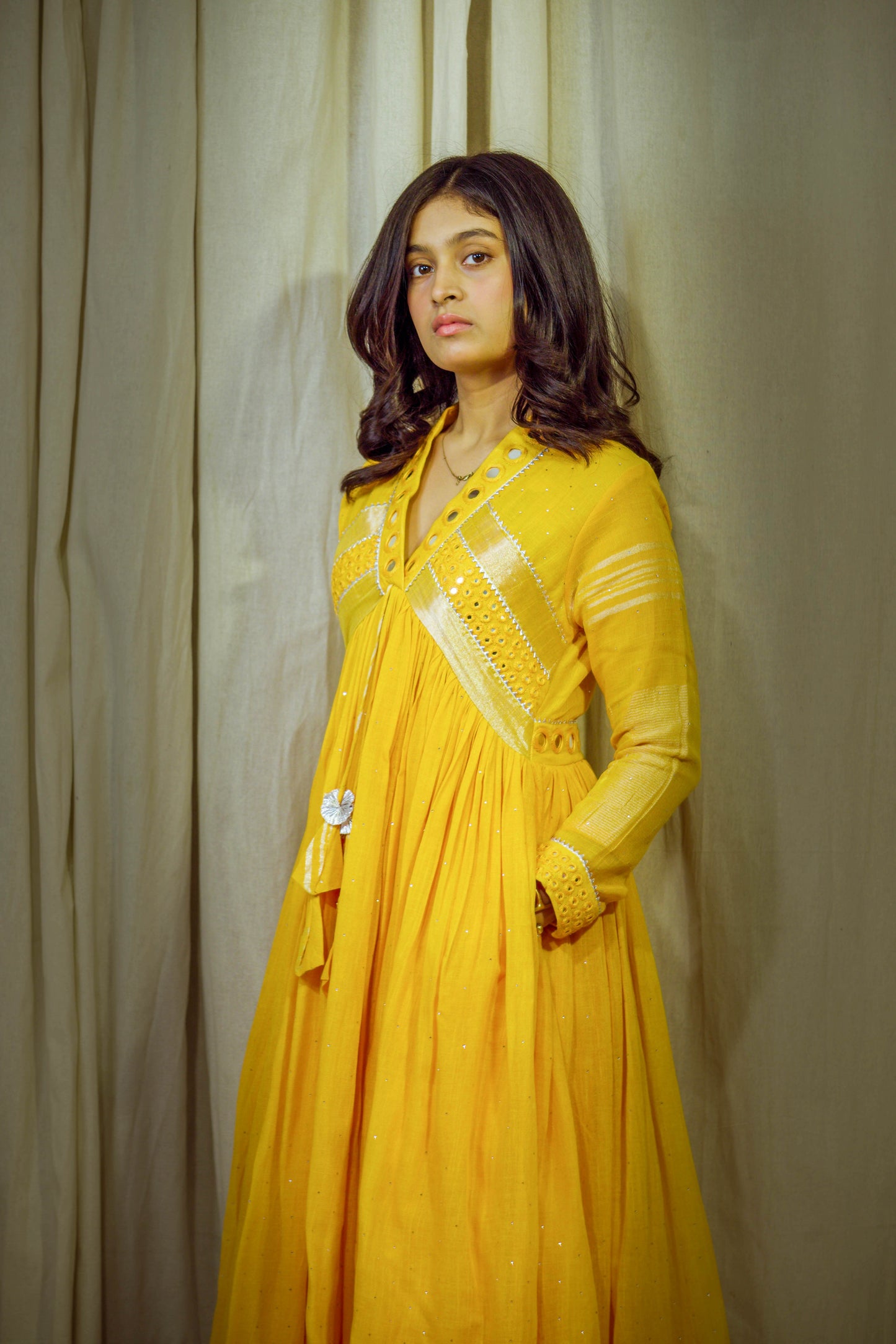 Saanjh – Yellowish Orange Pure Linen Flared Dress with Mirror & Mukesh Work