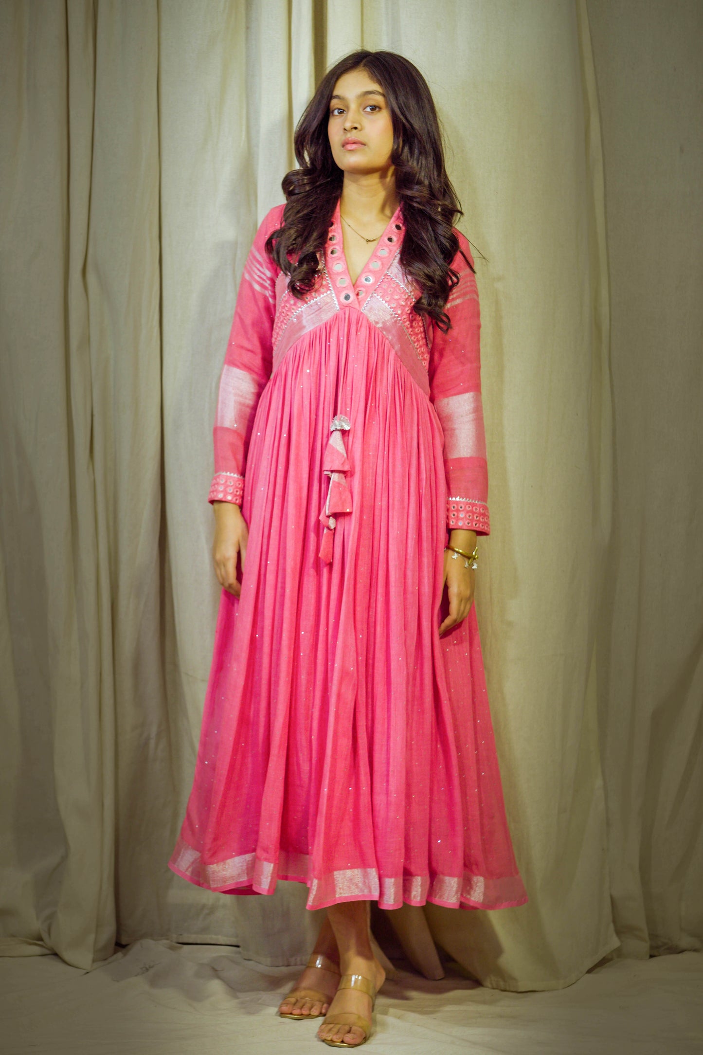 Gulroz – Signature Pink Pure Linen Flared Dress with Mirror & Mukesh Work