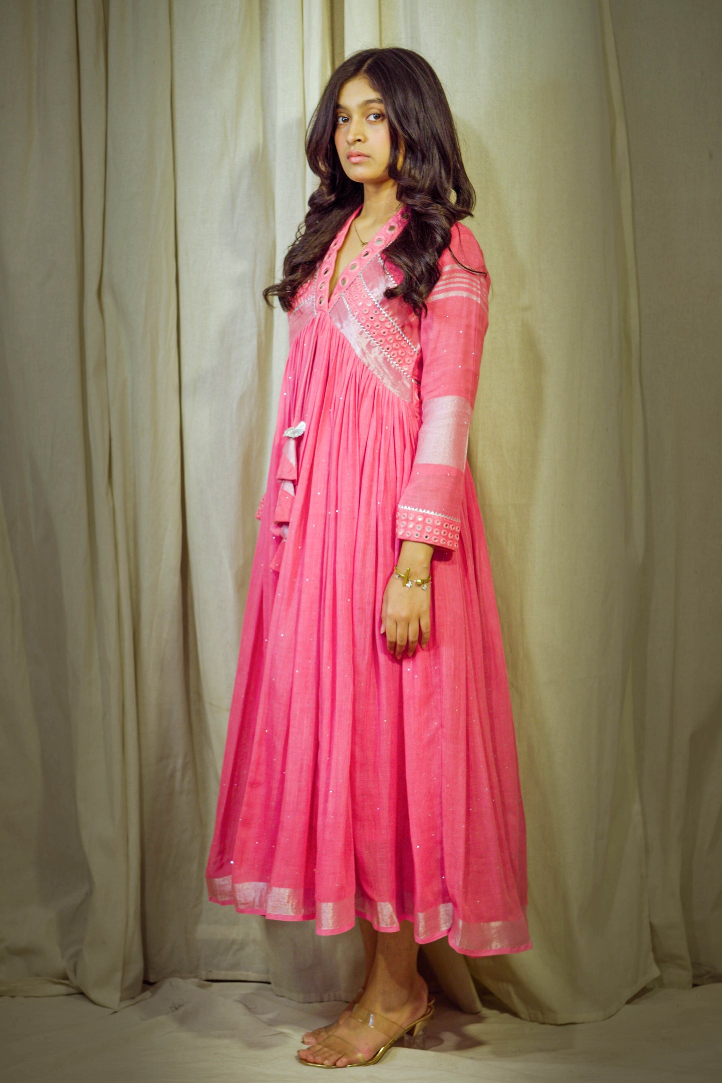 Gulroz – Signature Pink Pure Linen Flared Dress with Mirror & Mukesh Work