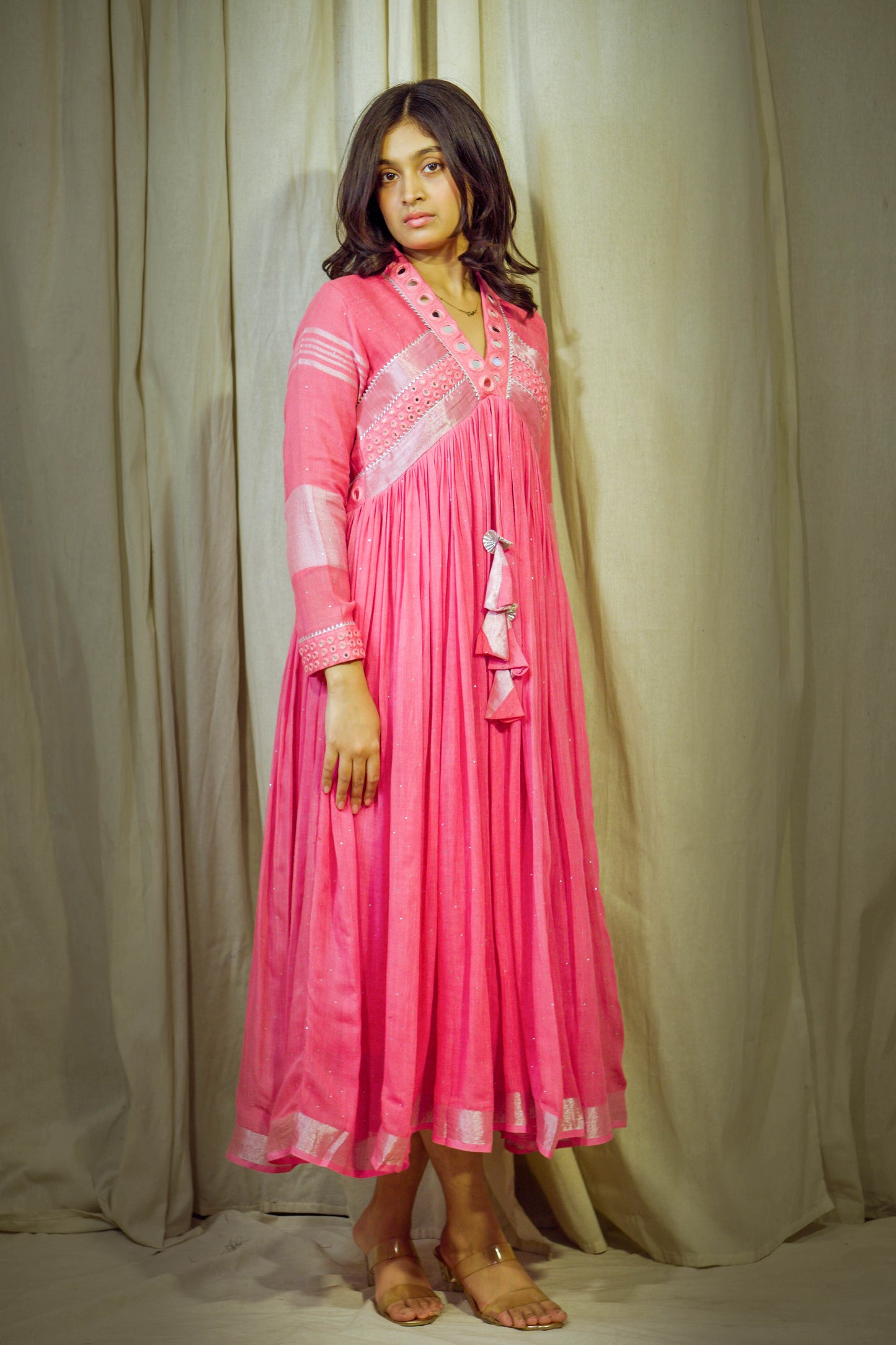 Gulroz – Signature Pink Pure Linen Flared Dress with Mirror & Mukesh Work