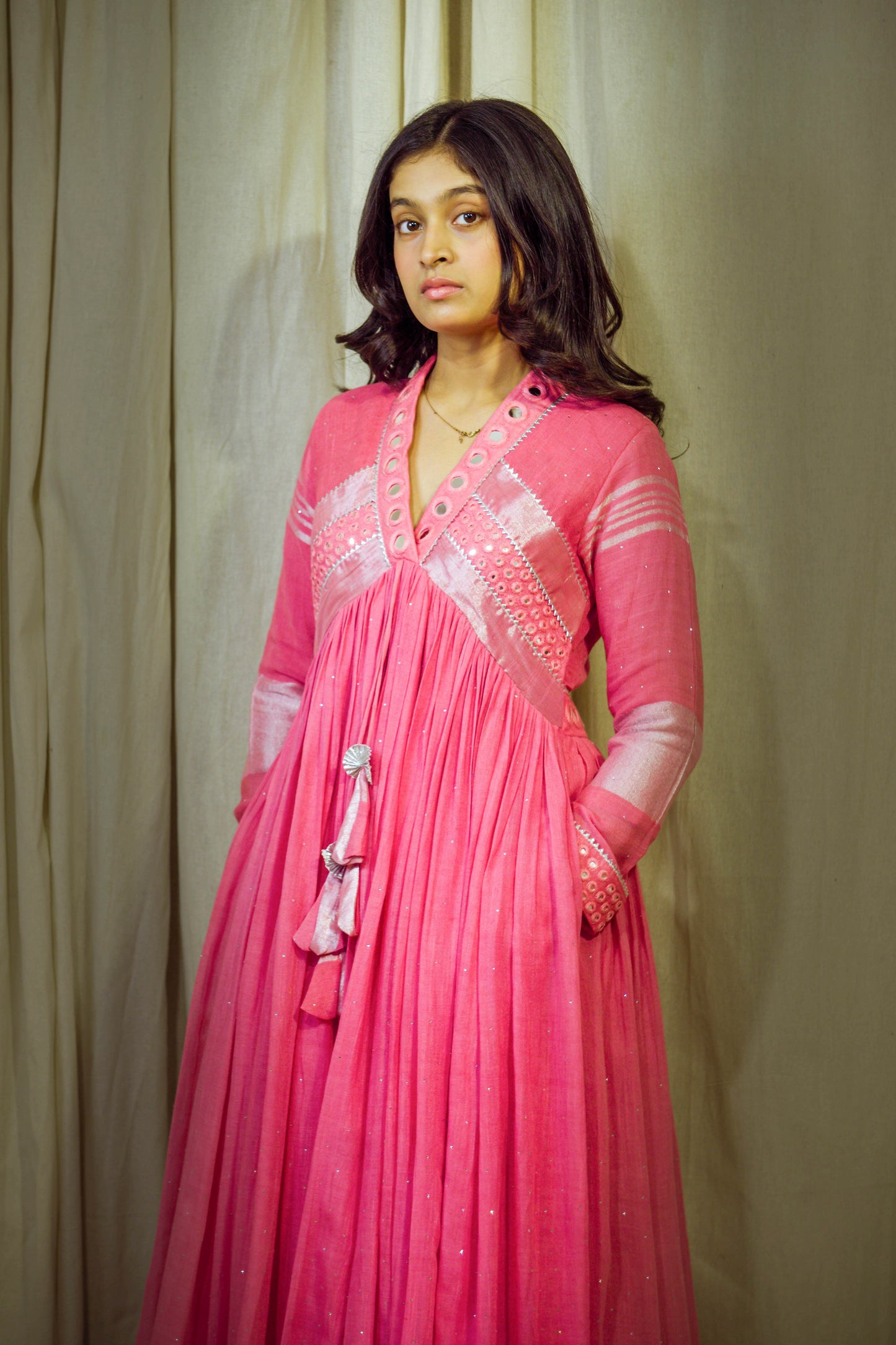 Gulroz – Signature Pink Pure Linen Flared Dress with Mirror & Mukesh Work