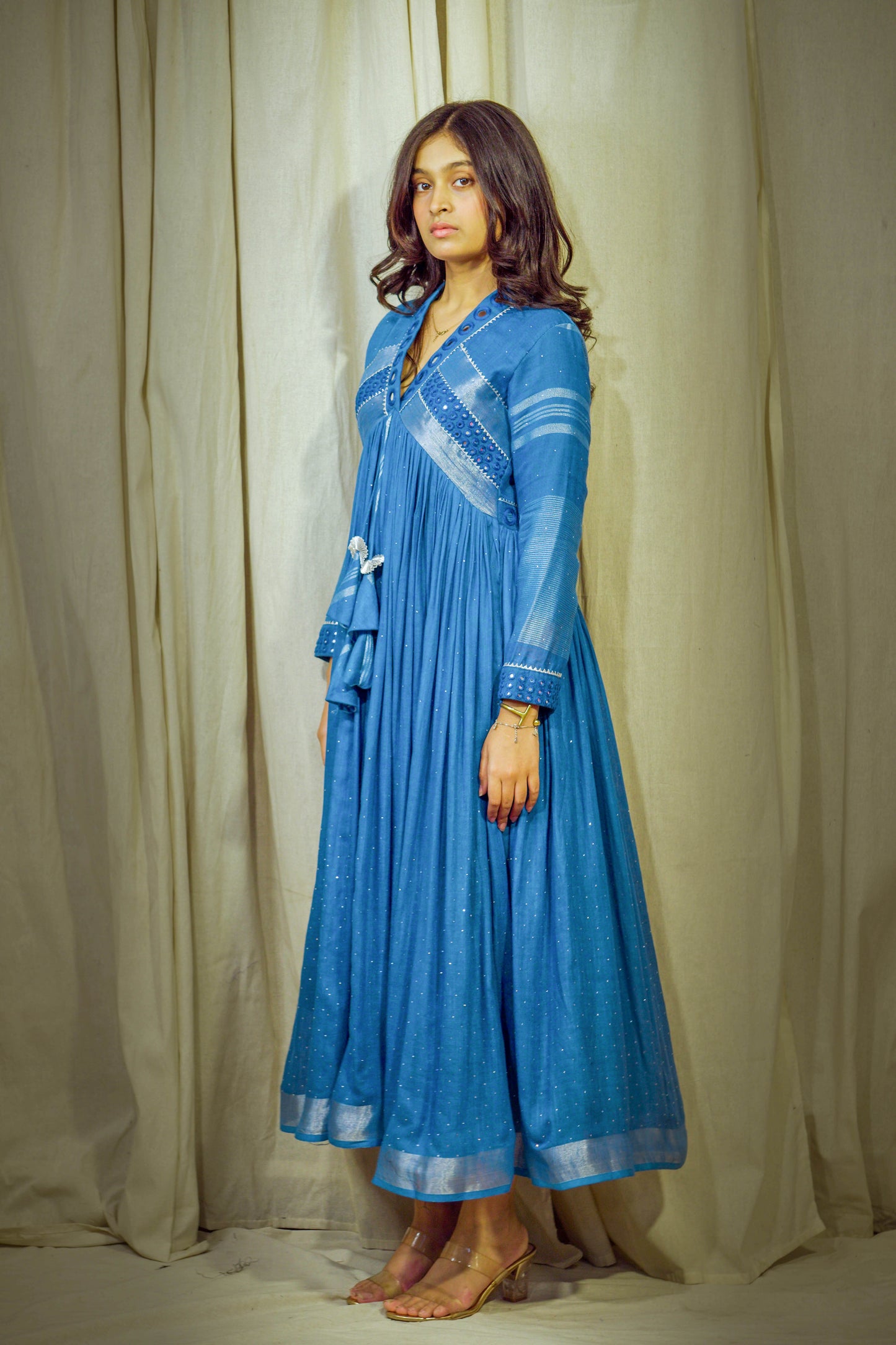 Devyani – Royal Blue Pure Linen Flared Dress with Mirror & Mukesh Work