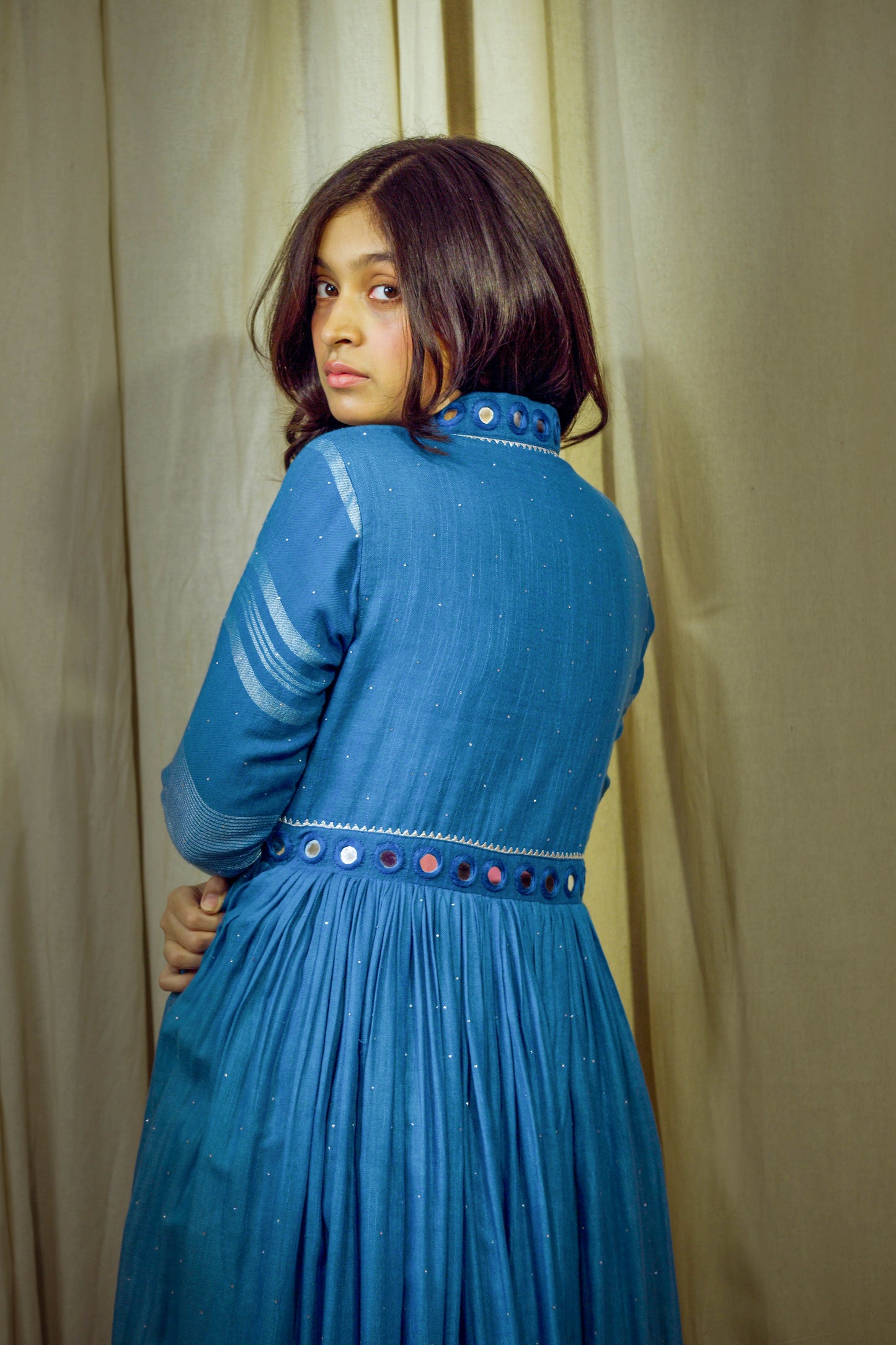 Devyani – Royal Blue Pure Linen Flared Dress with Mirror & Mukesh Work