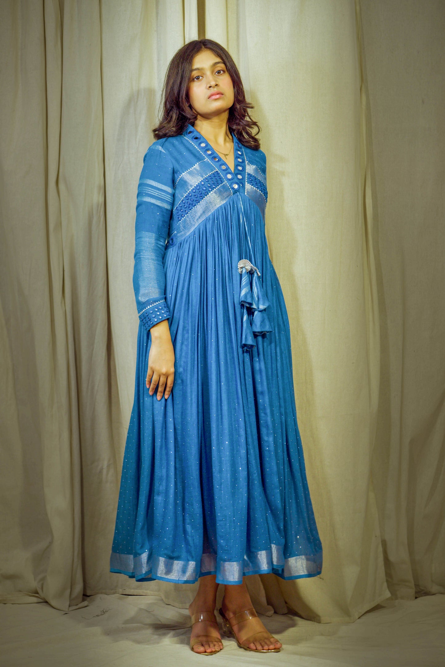 Devyani – Royal Blue Pure Linen Flared Dress with Mirror & Mukesh Work