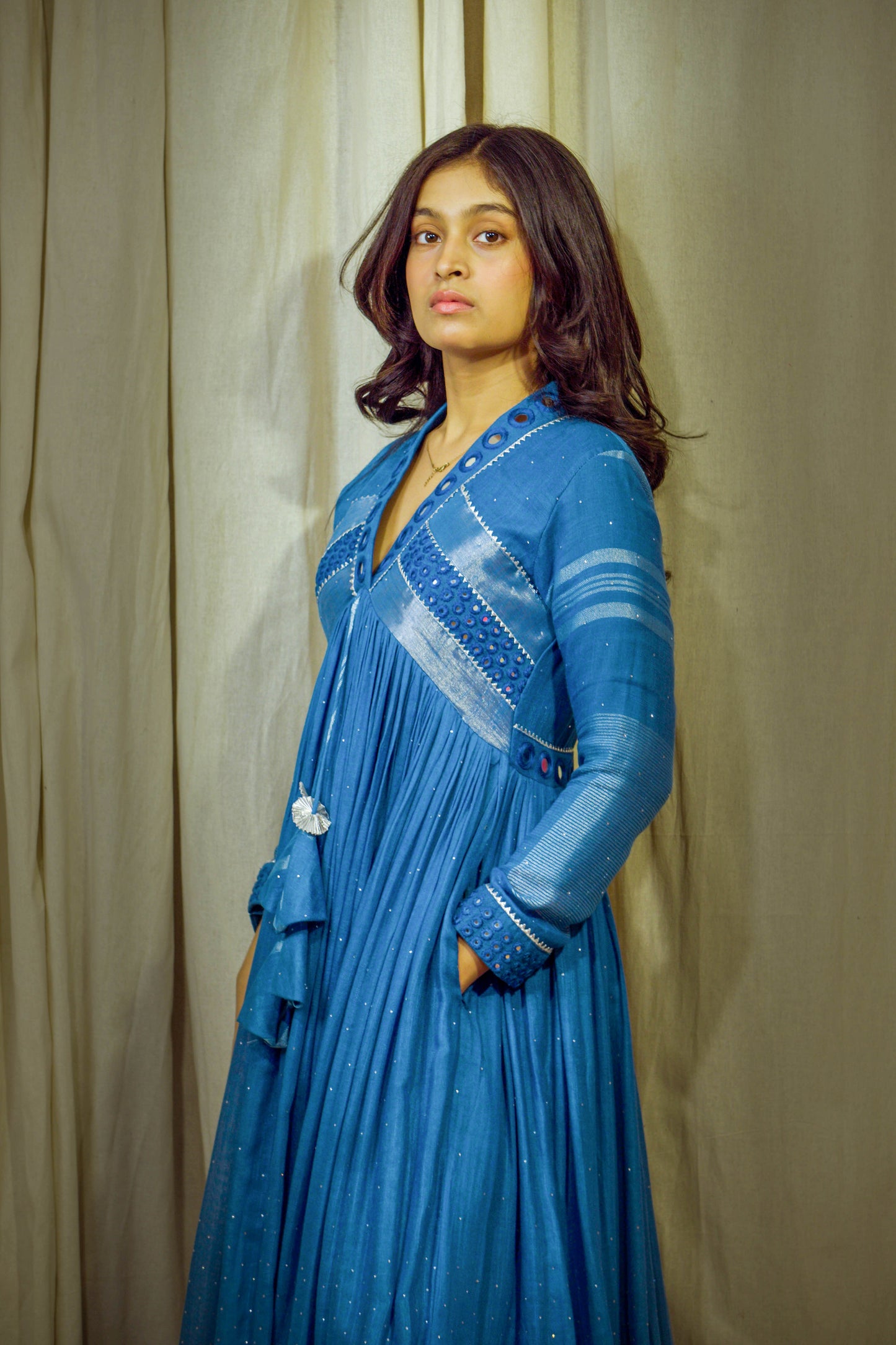 Devyani – Royal Blue Pure Linen Flared Dress with Mirror & Mukesh Work