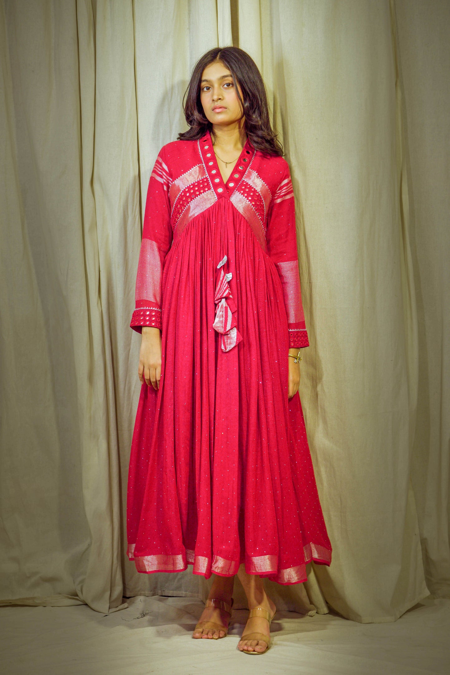 Raagini – Cherry Red Pure Linen Flared Dress with Mirror & Mukesh Work
