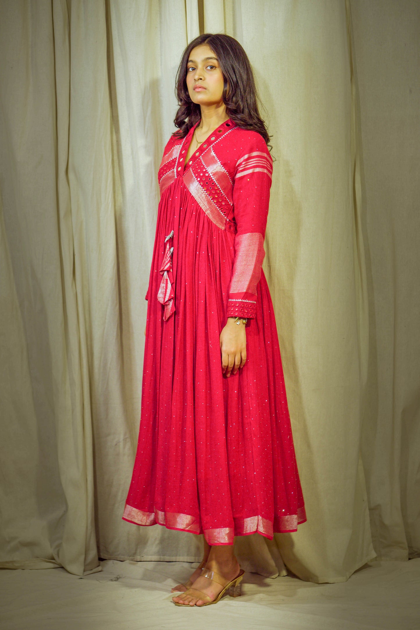 Raagini – Cherry Red Pure Linen Flared Dress with Mirror & Mukesh Work