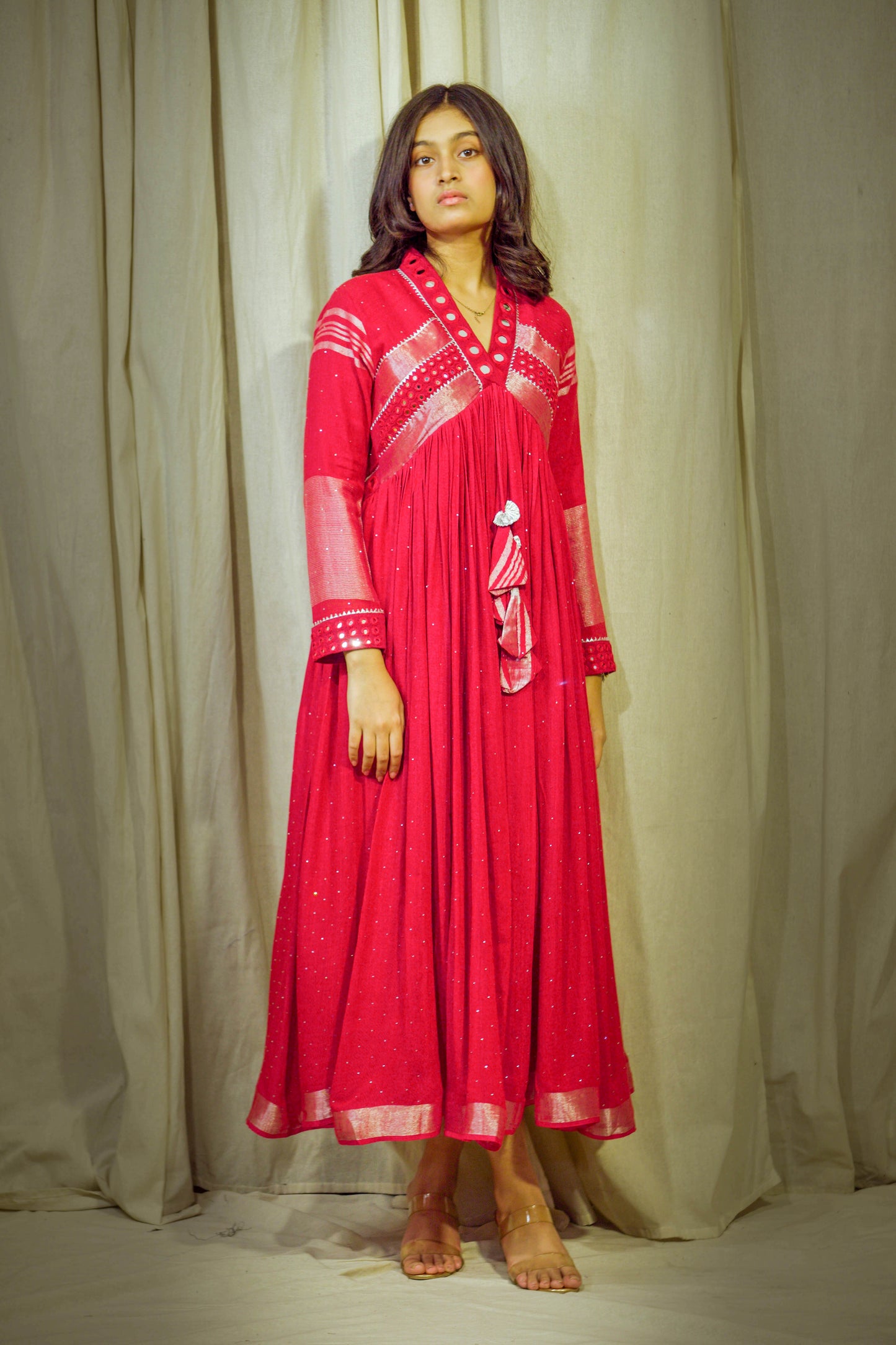 Raagini – Cherry Red Pure Linen Flared Dress with Mirror & Mukesh Work
