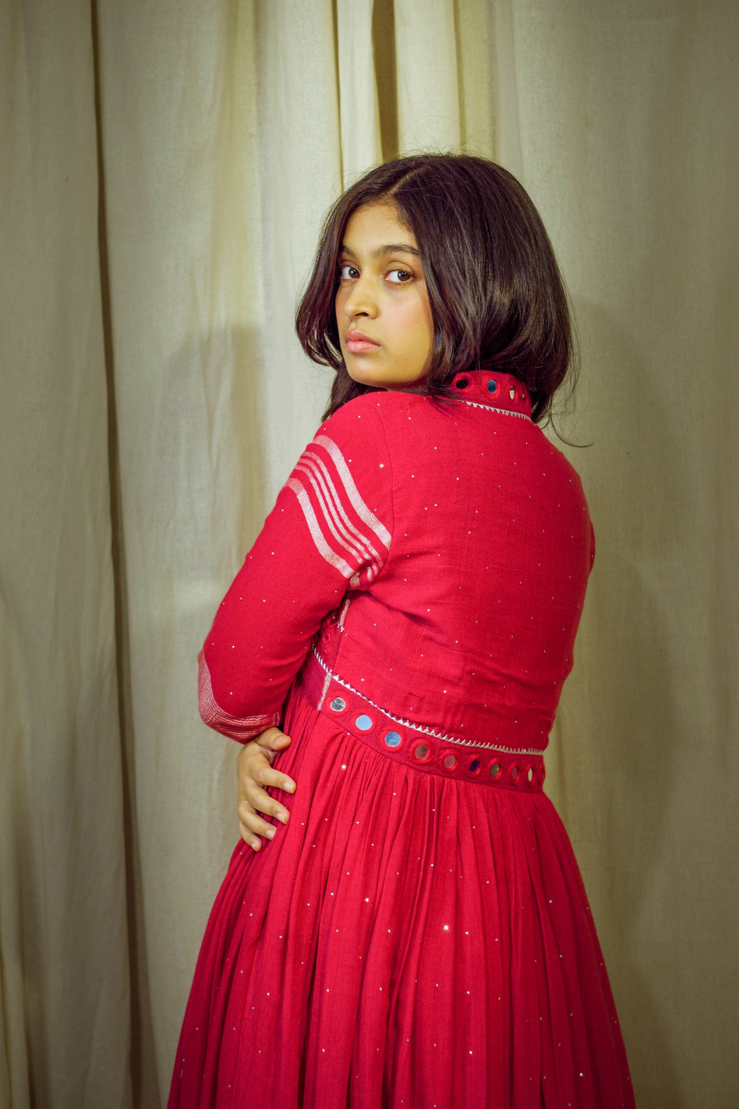 Raagini – Cherry Red Pure Linen Flared Dress with Mirror & Mukesh Work