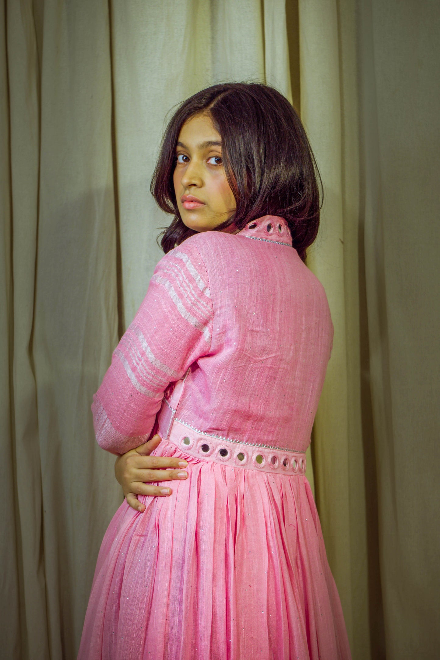 Meher – Baby Pink Pure Linen Flared Dress with Mirror & Mukesh Work