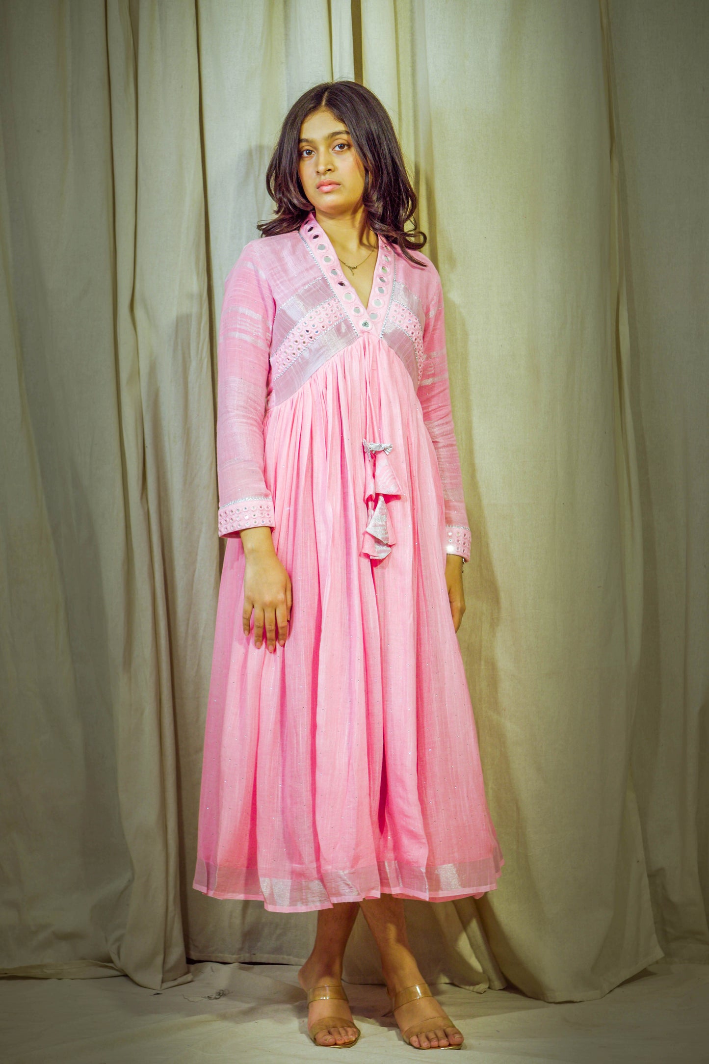 Meher – Baby Pink Pure Linen Flared Dress with Mirror & Mukesh Work