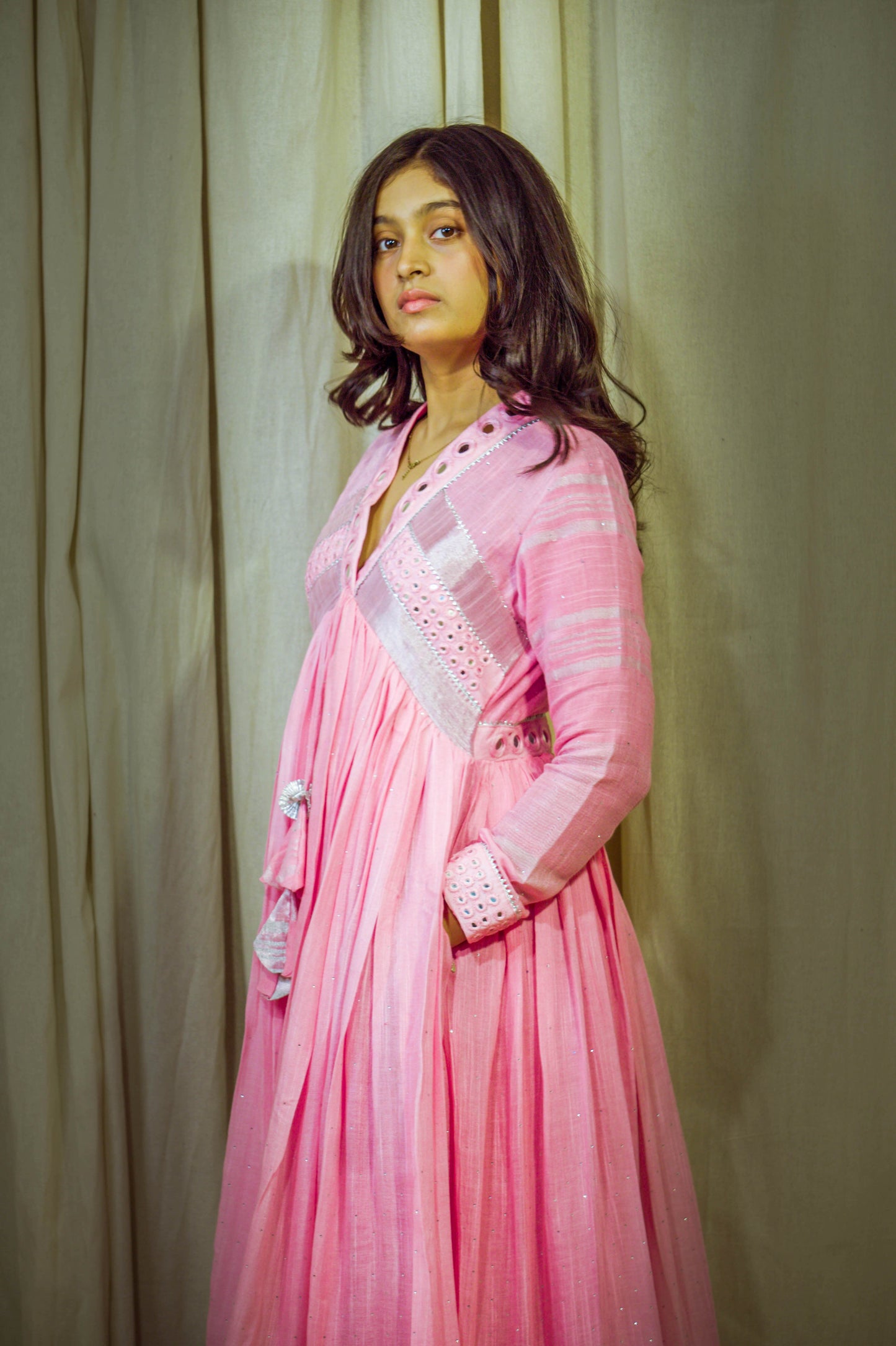Meher – Baby Pink Pure Linen Flared Dress with Mirror & Mukesh Work