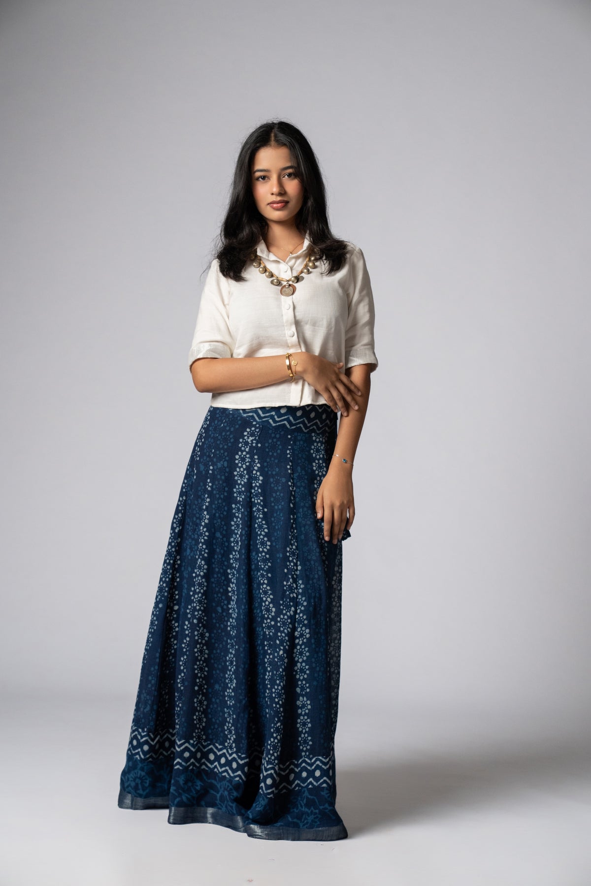 Raasrekh Indigo Kali Set — White Shirt & Skirt