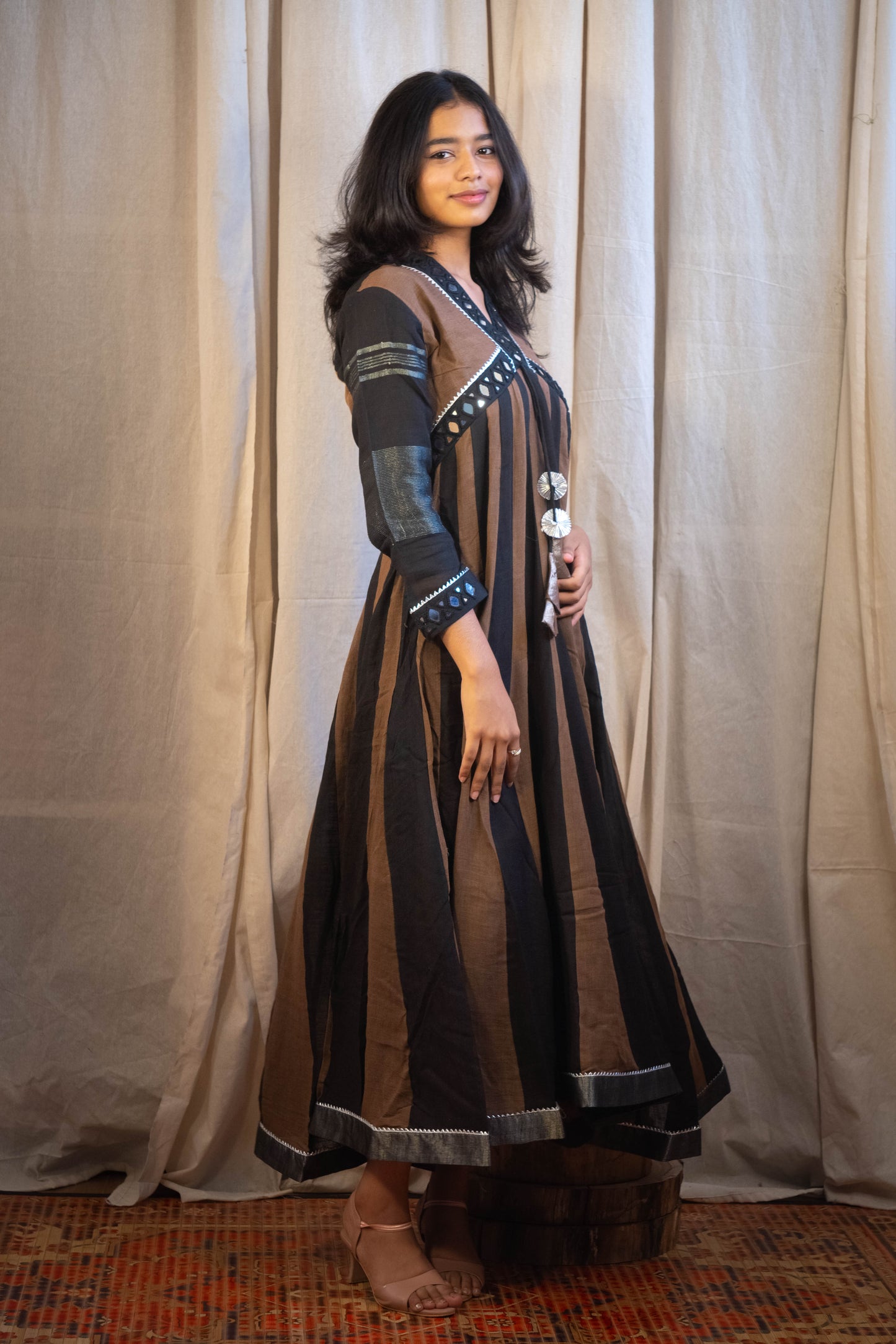 Shaher Mirror Work Dress in Diamond Cut Black and Brown