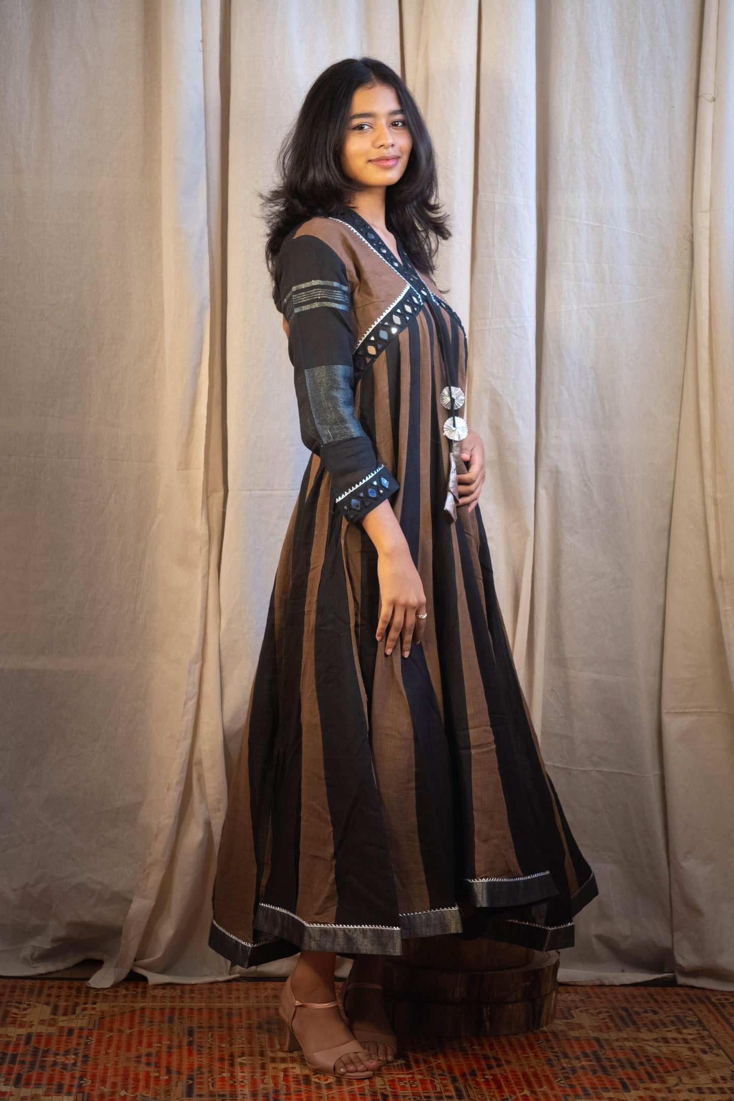 Shaher Mirror Work Dress in Diamond Cut Black and Brown