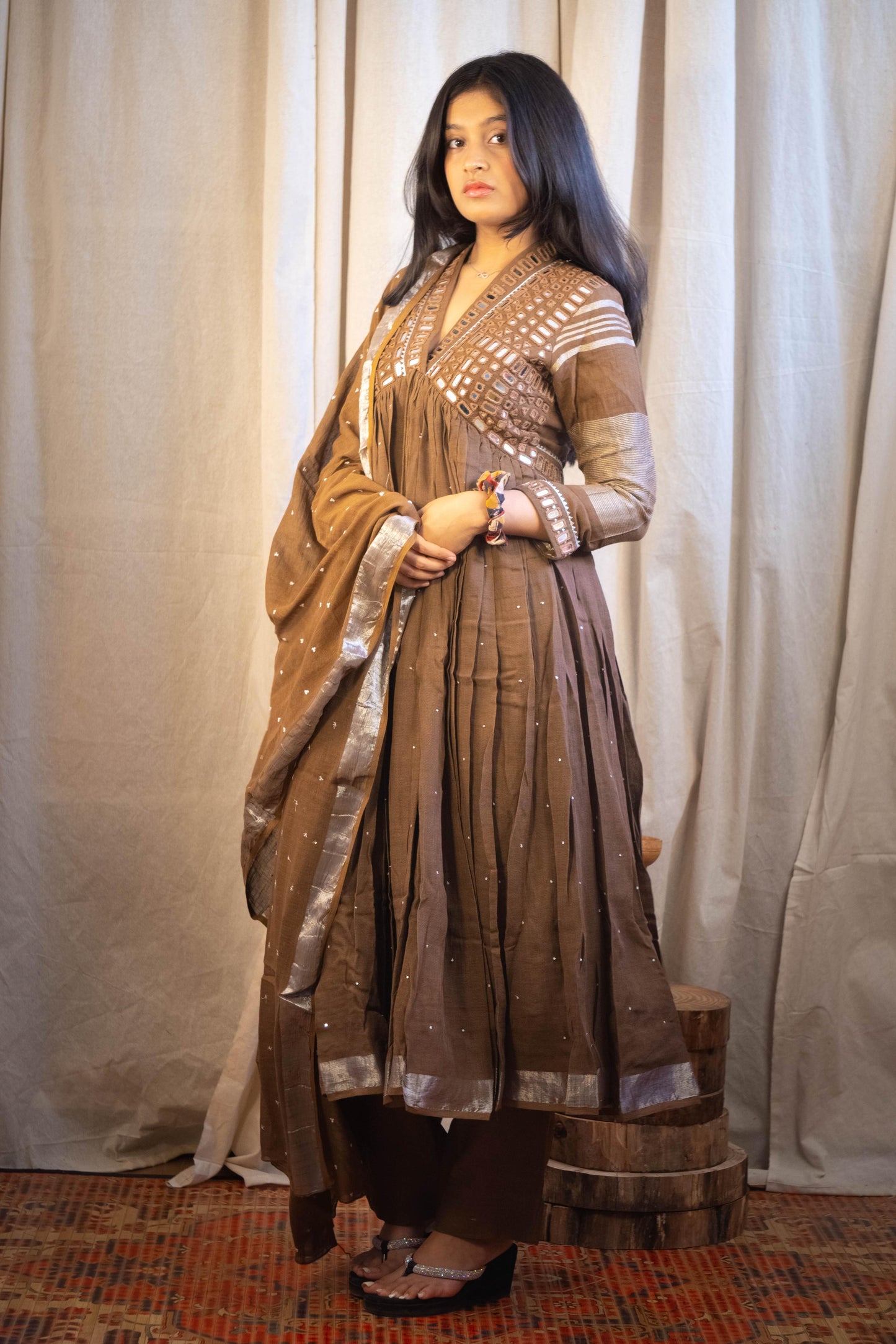 Alina Three Piece Mirror Work Set in Ocher Brown