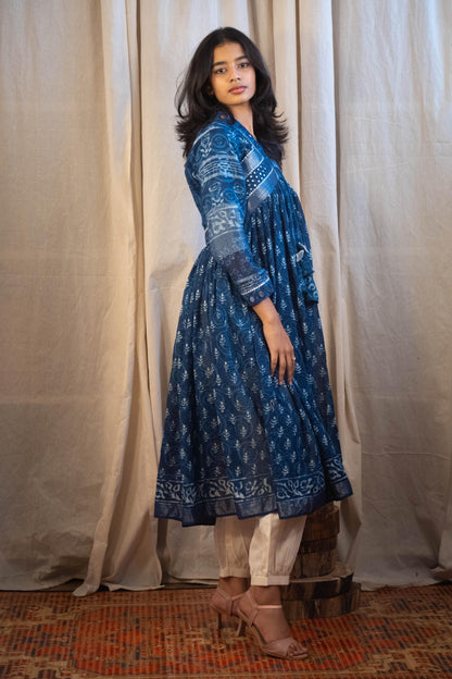 Azura Indigo and White Leafs Mirror Work Dress
