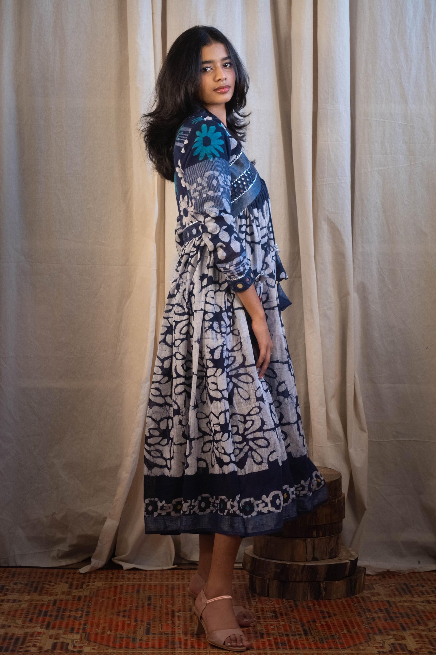 Azura Evara Indigo and White Printed Mirror Work Dress