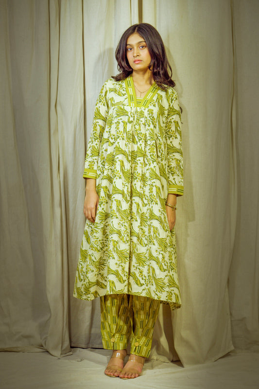 MayuraVeer – Parrot Green Block-Printed Cotton Tunic Set