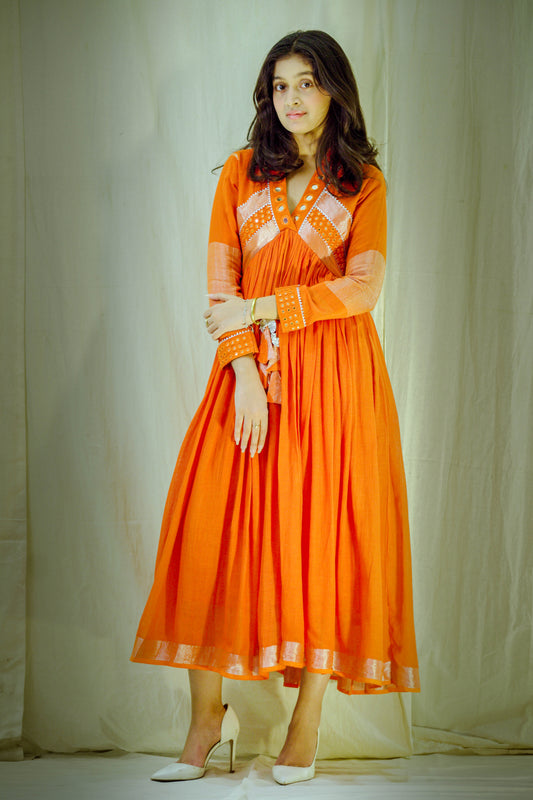 Sunset Reverie – Pure Linen Mirror Work Dress