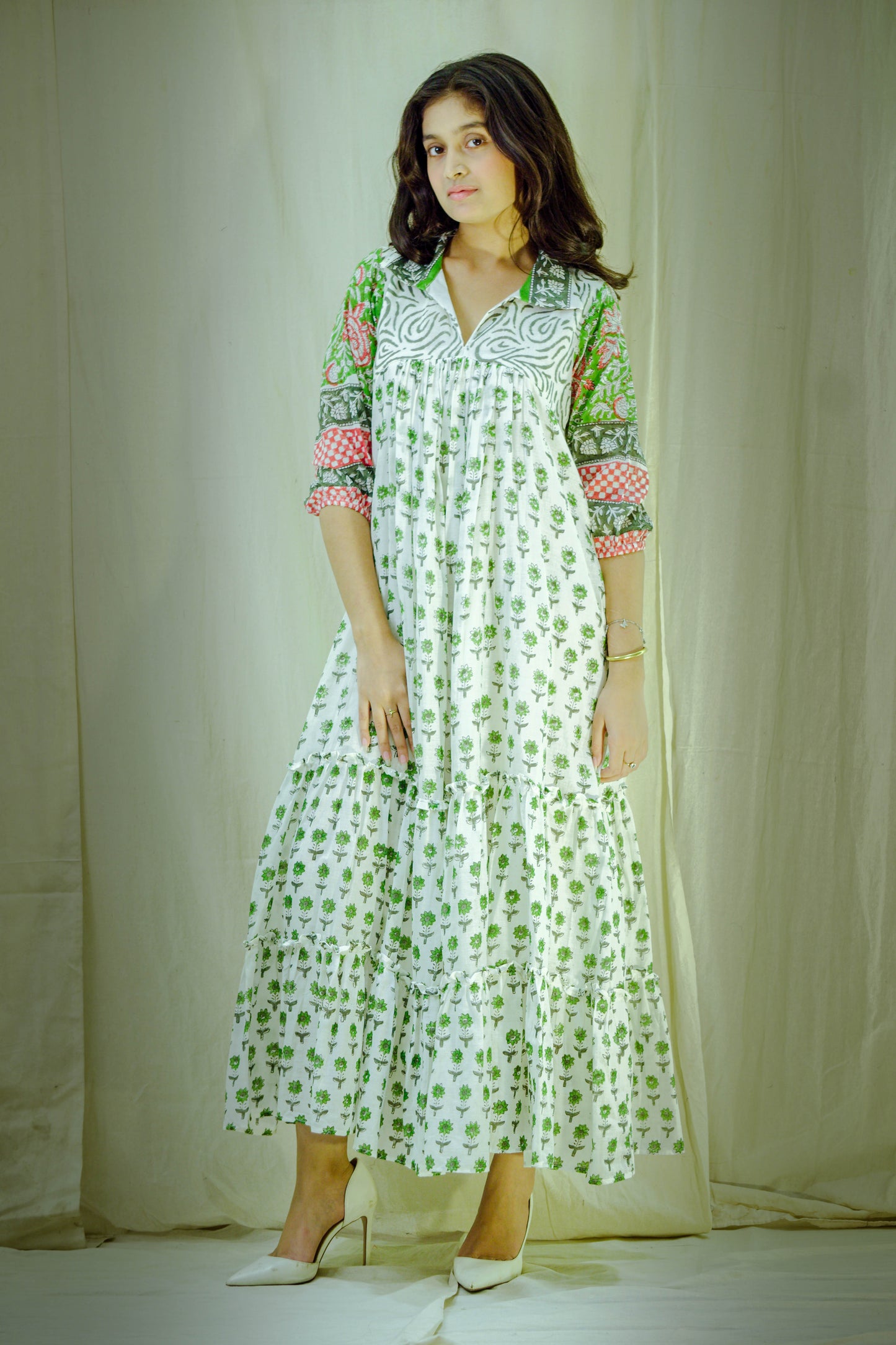 Verdant Bloom – Mull Cotton Pleated Dress