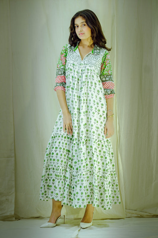 Verdant Bloom – Mull Cotton Pleated Dress