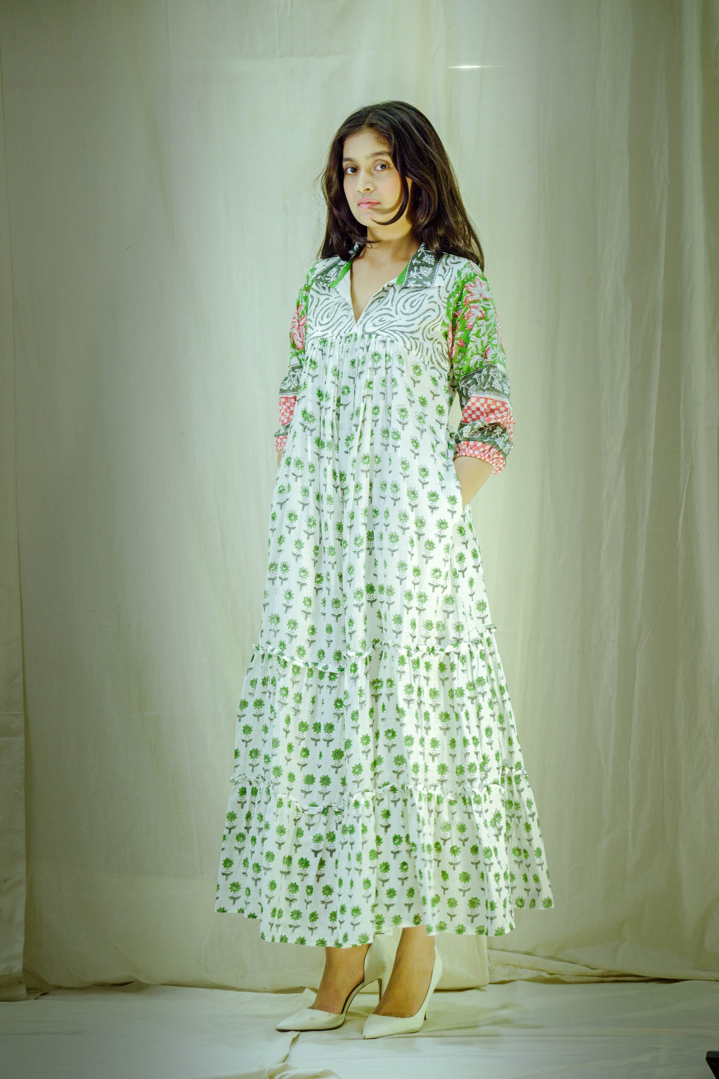Verdant Bloom – Mull Cotton Pleated Dress
