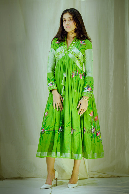Verdant Muse – Pure Linen Hand-Painted Dress