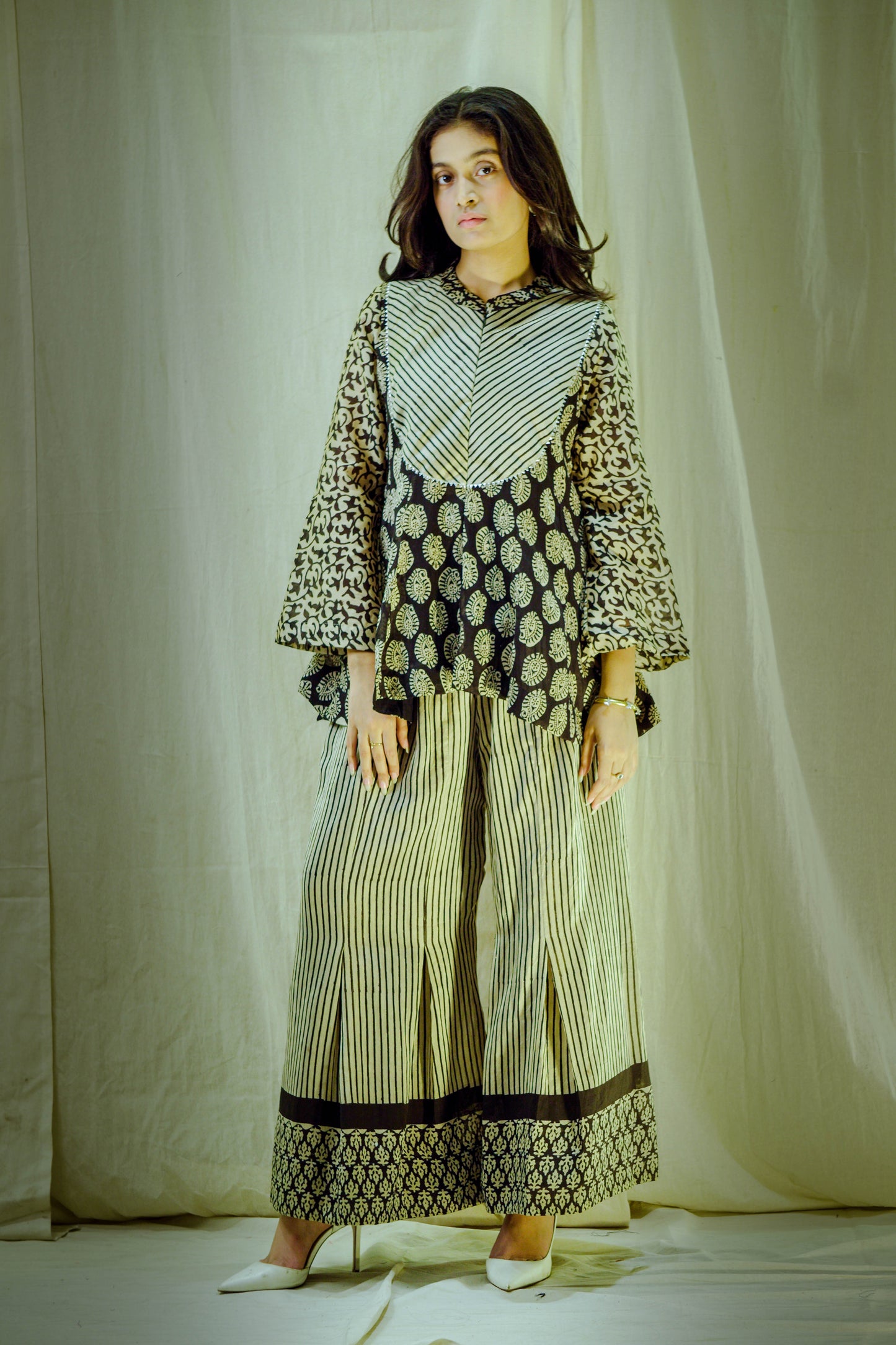 Noir Melody – Chanderi Bell-Sleeve Top & Palazzo Set