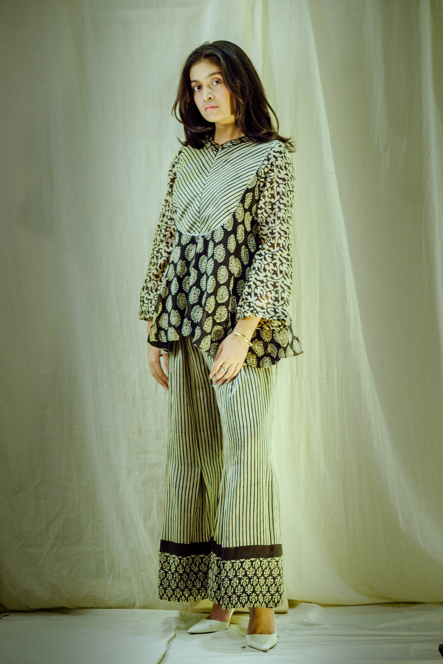 Noir Melody – Chanderi Bell-Sleeve Top & Palazzo Set