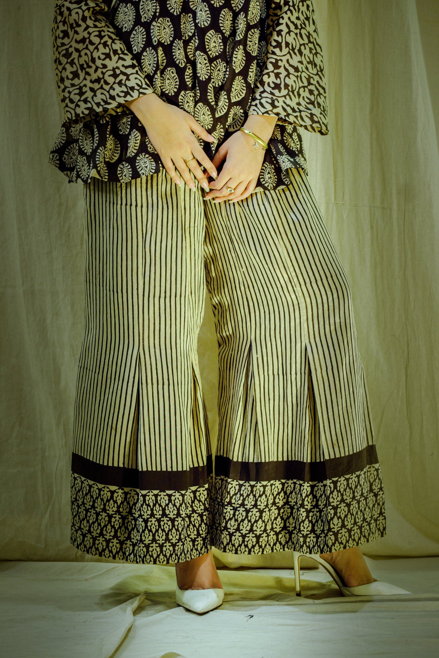 Noir Melody – Chanderi Bell-Sleeve Top & Palazzo Set