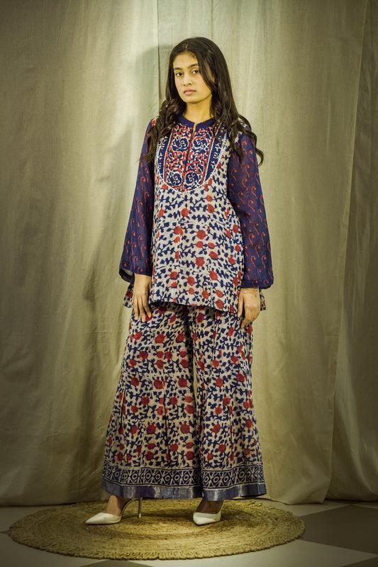 Neelambara Indigo Kalamkari Linen Co-ord Set
