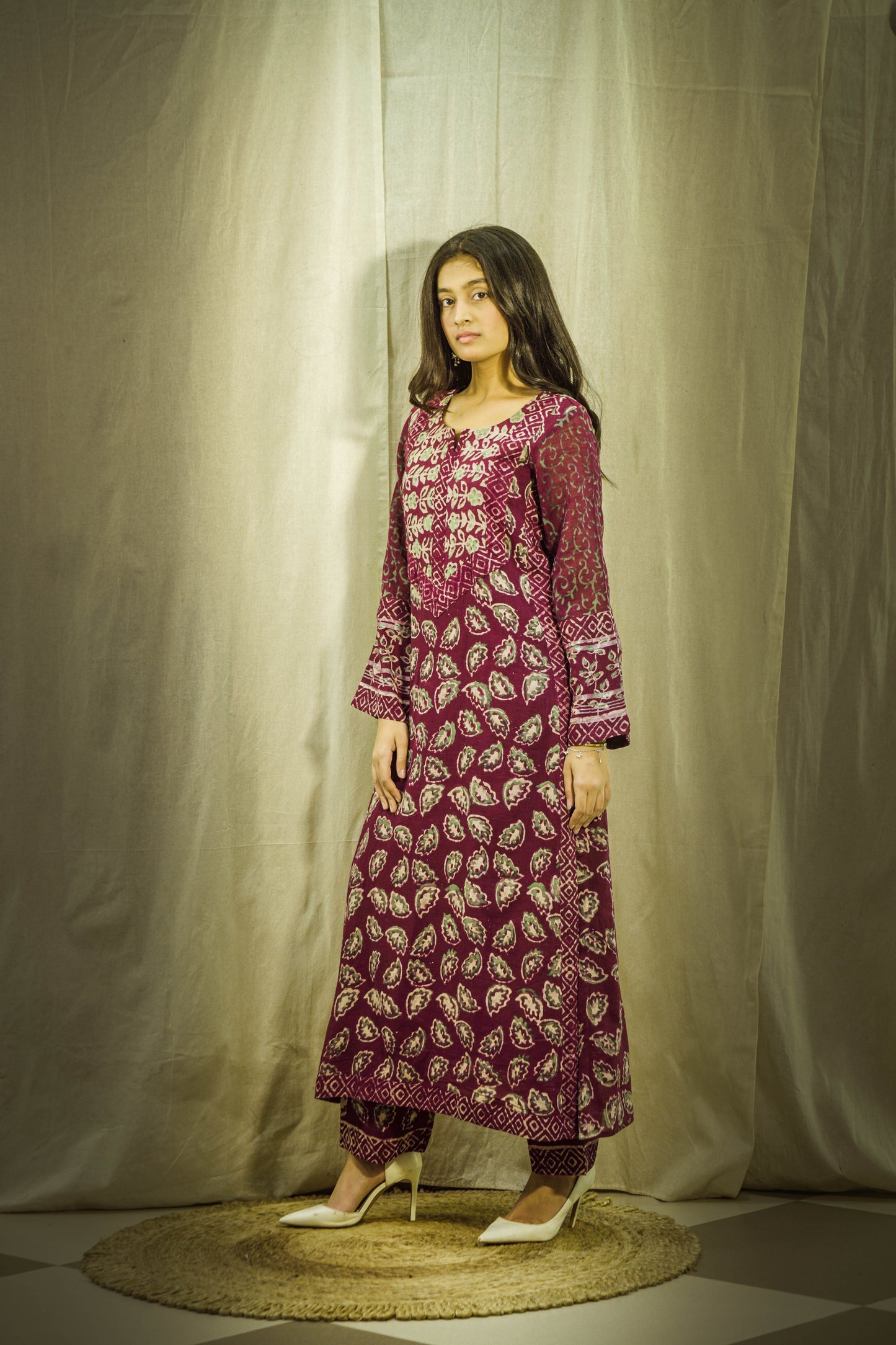 Mehrunisa Maroon Block Print Linen Kurta Set