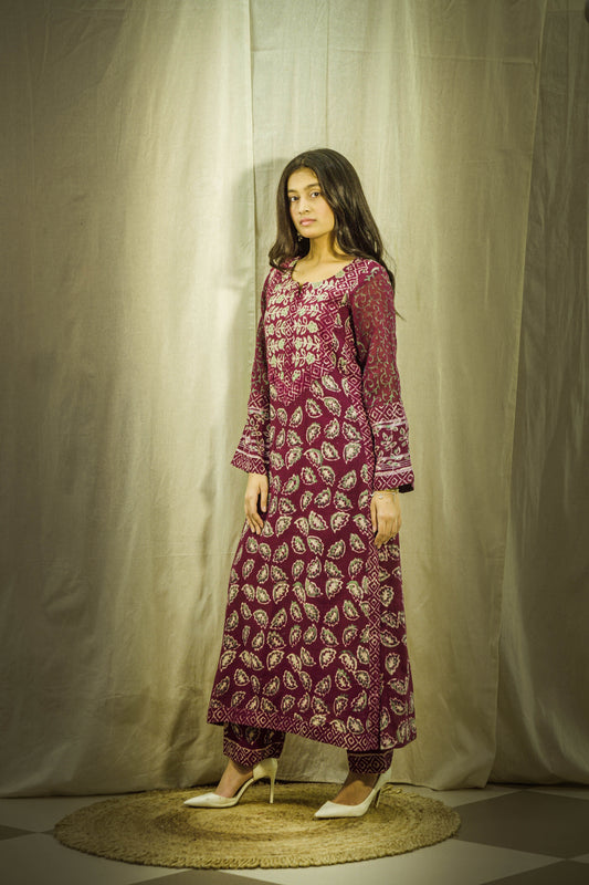 Mehrunisa Maroon Block Print Linen Kurta Set