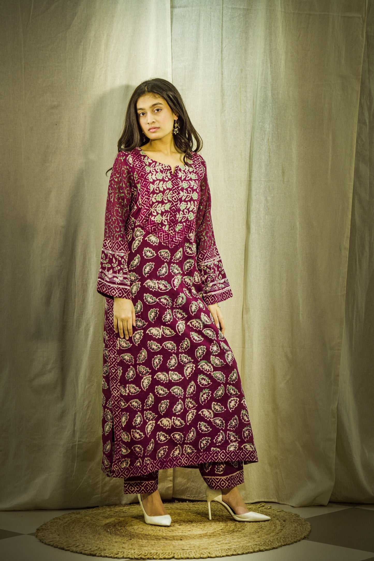 Mehrunisa Maroon Block Print Linen Kurta Set