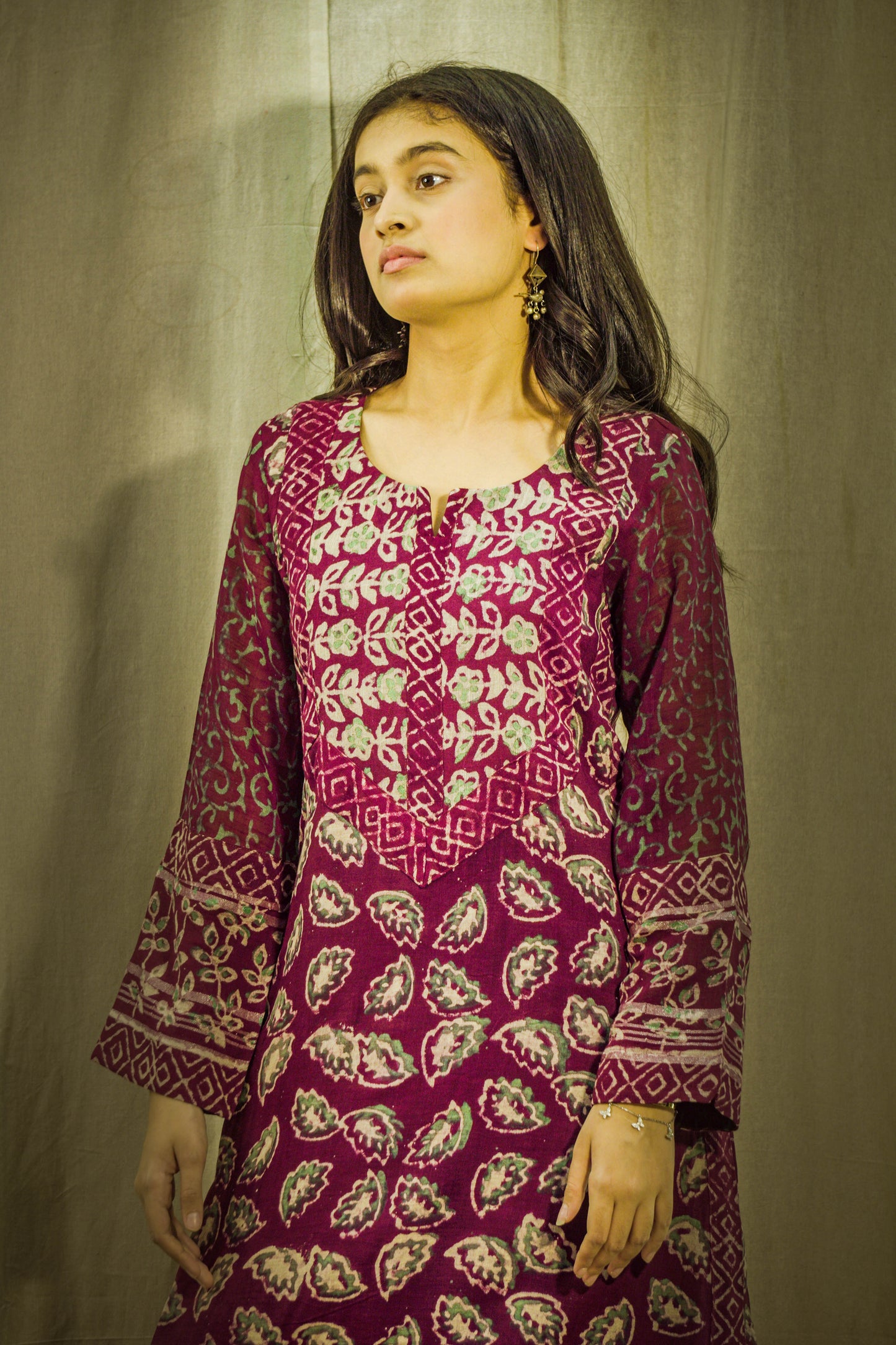 Mehrunisa Maroon Block Print Linen Kurta Set