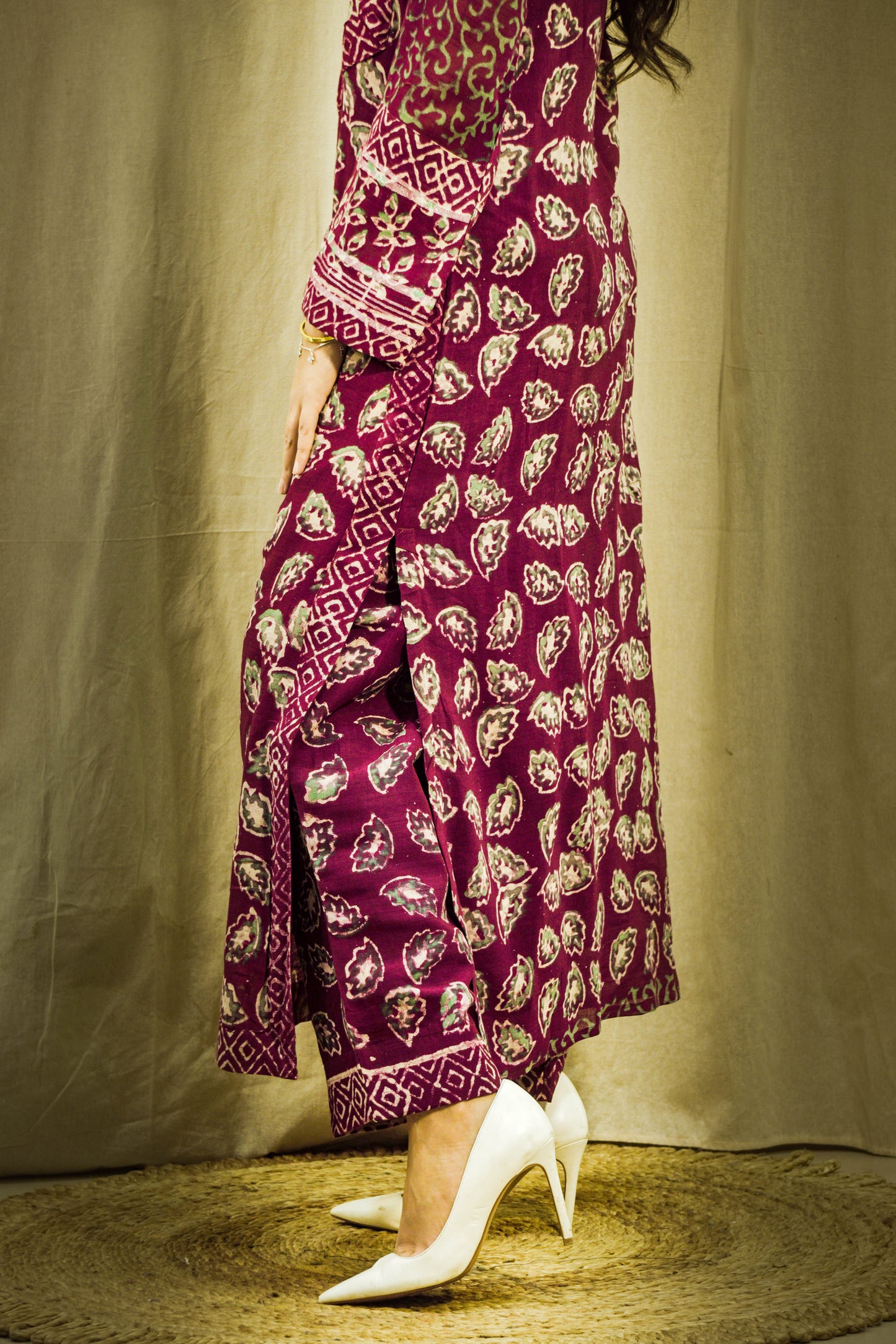 Mehrunisa Maroon Block Print Linen Kurta Set