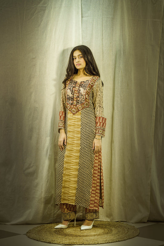 Mehrunisa Earthtone Block Print Linen Kurta Set