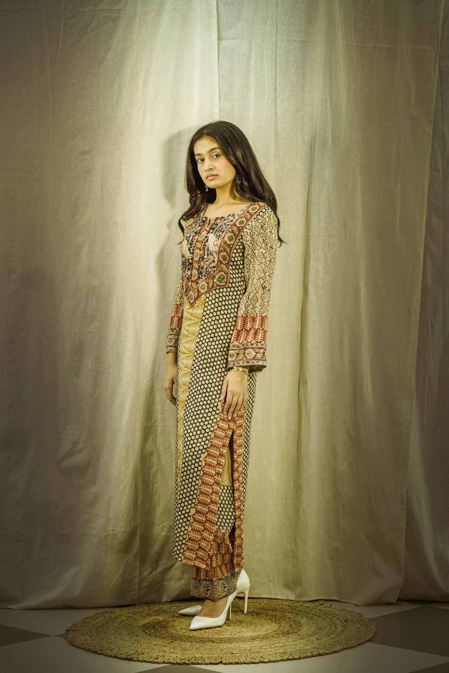 Mehrunisa Earthtone Block Print Linen Kurta Set